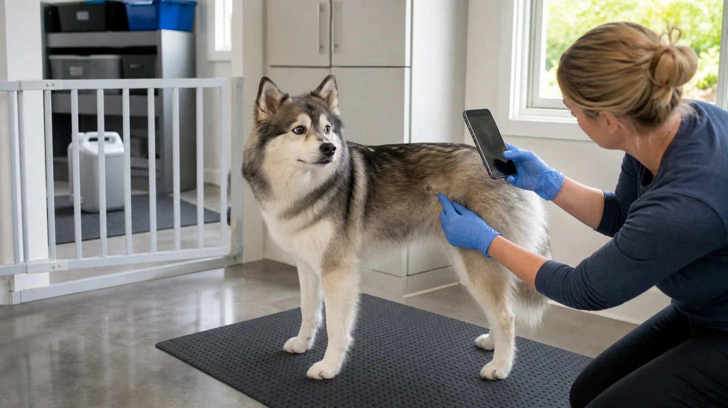 Gloved caregiver documents a small external Pomsky coat concern while a closed container remains isolated