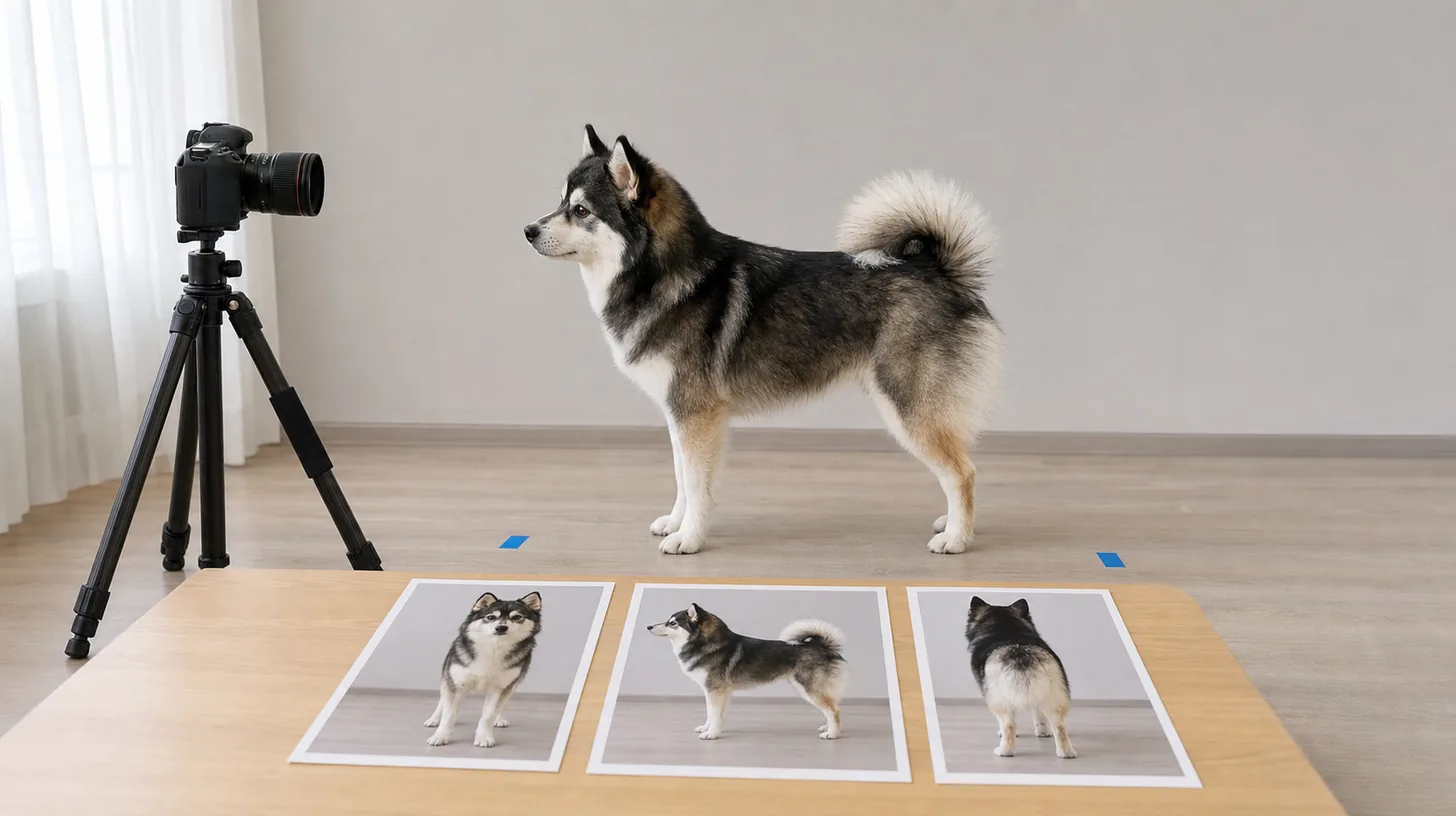 Pomsky coat markings documented with consistent front side and rear photographs