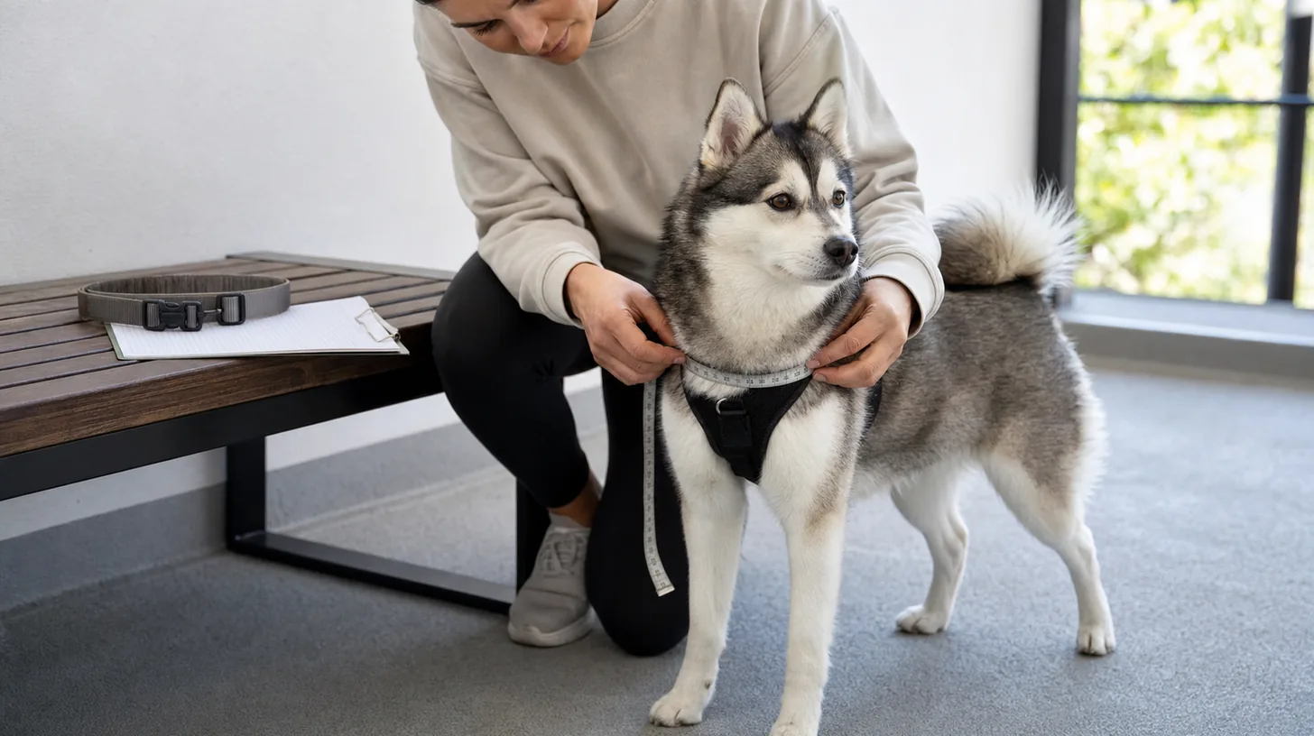 A caregiver measures a Pomsky's chest and checks a well-fitted harness on a nonslip floor