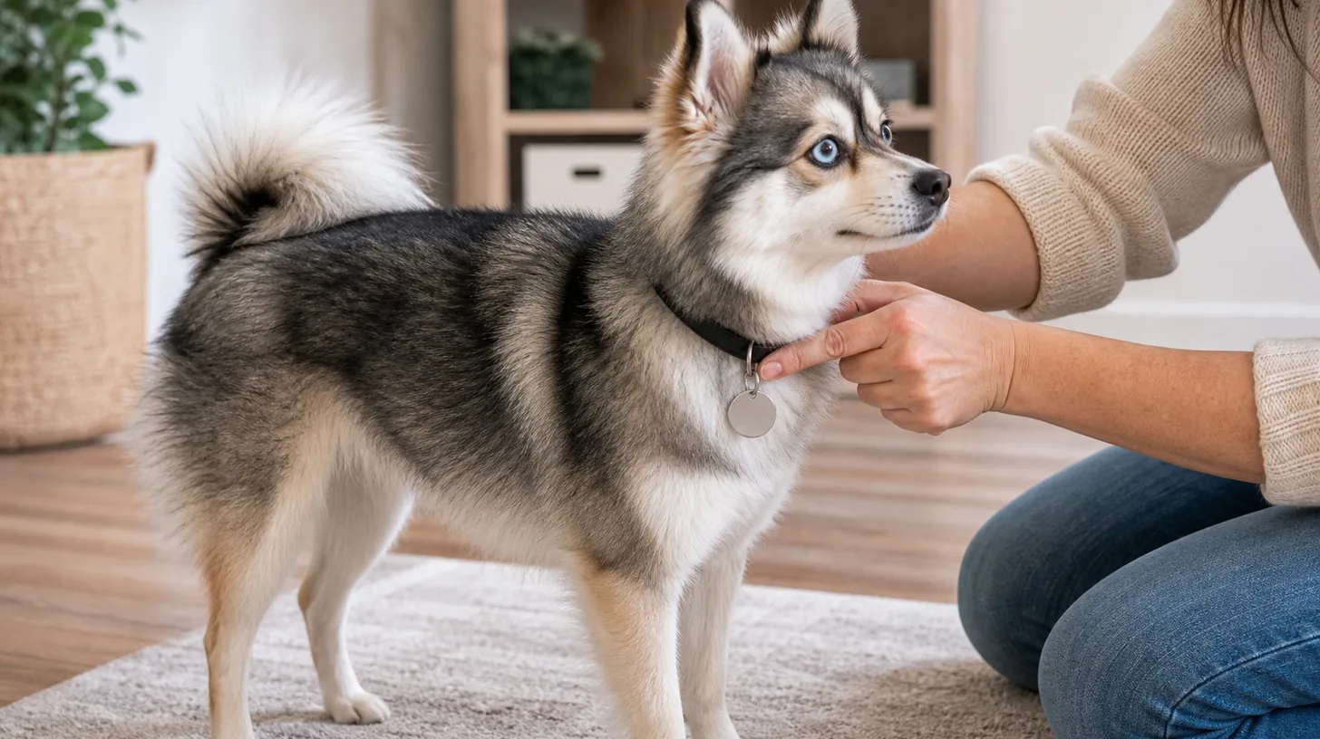 A caregiver checks a flat Pomsky collar with two fingers under the collar