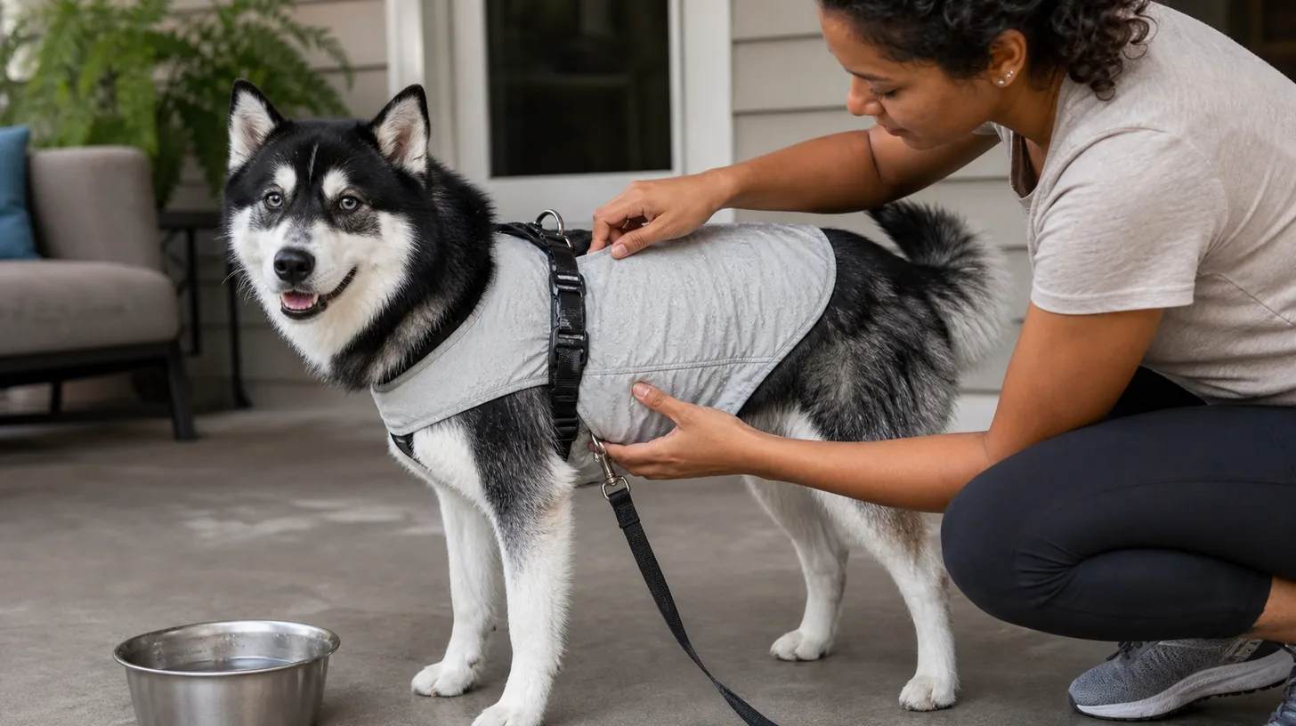 Caregiver rechecks chest and shoulder fit on a Pomsky wearing a damp cooling vest