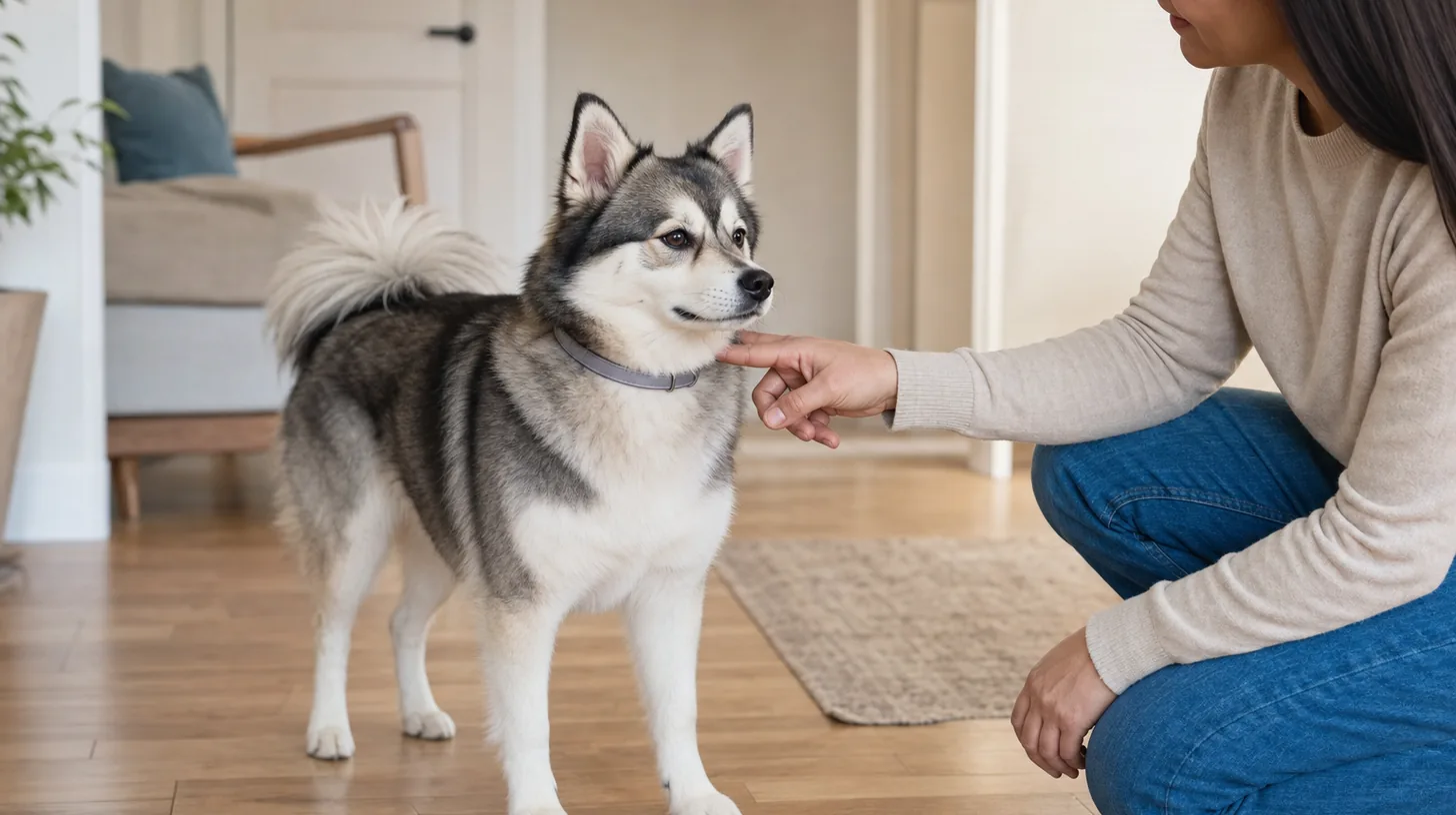 A relaxed Pomsky accepts a brief gentle touch beside the collar