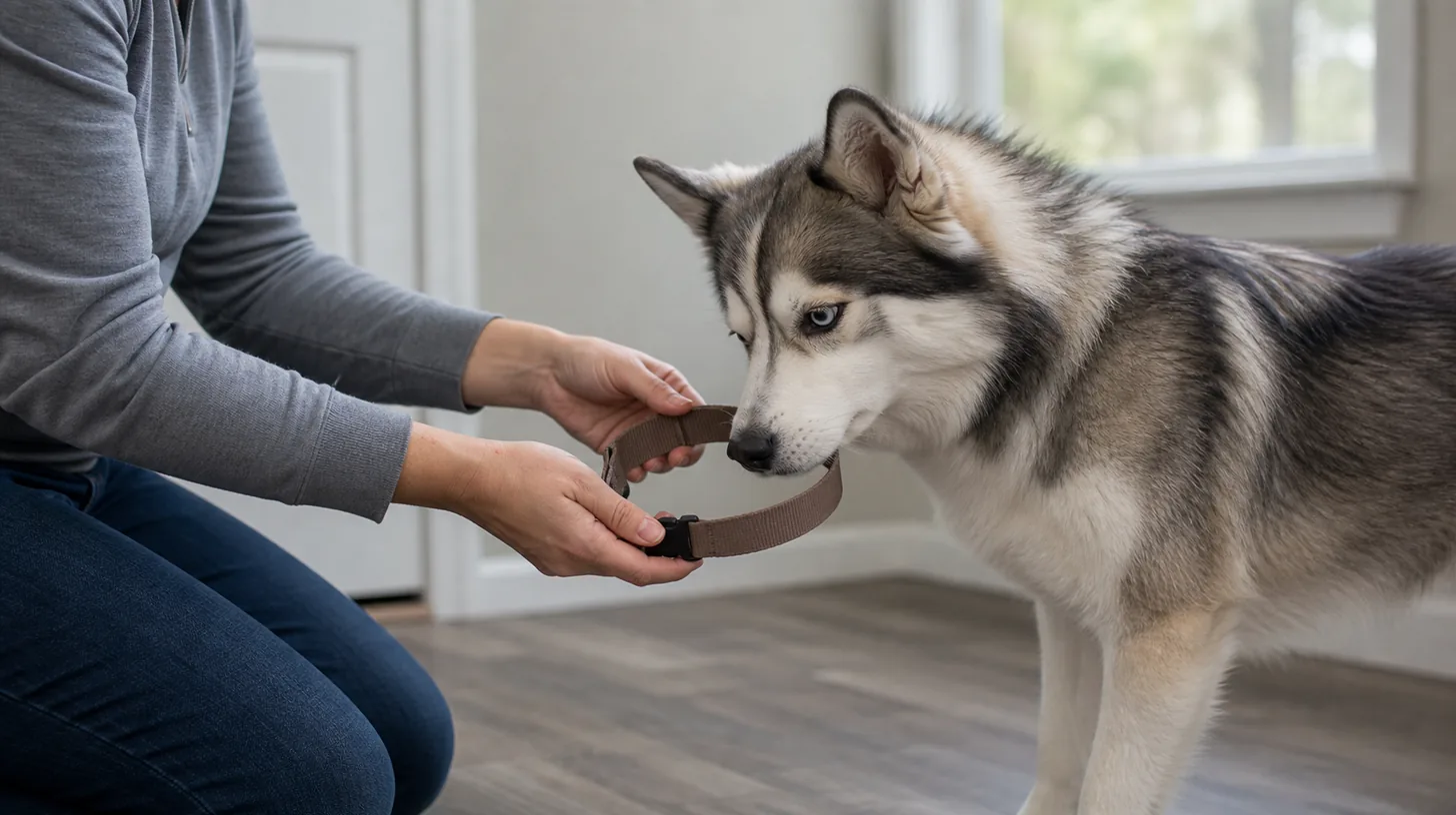 Pomsky voluntarily places the nose into a wide unfastened flat collar loop