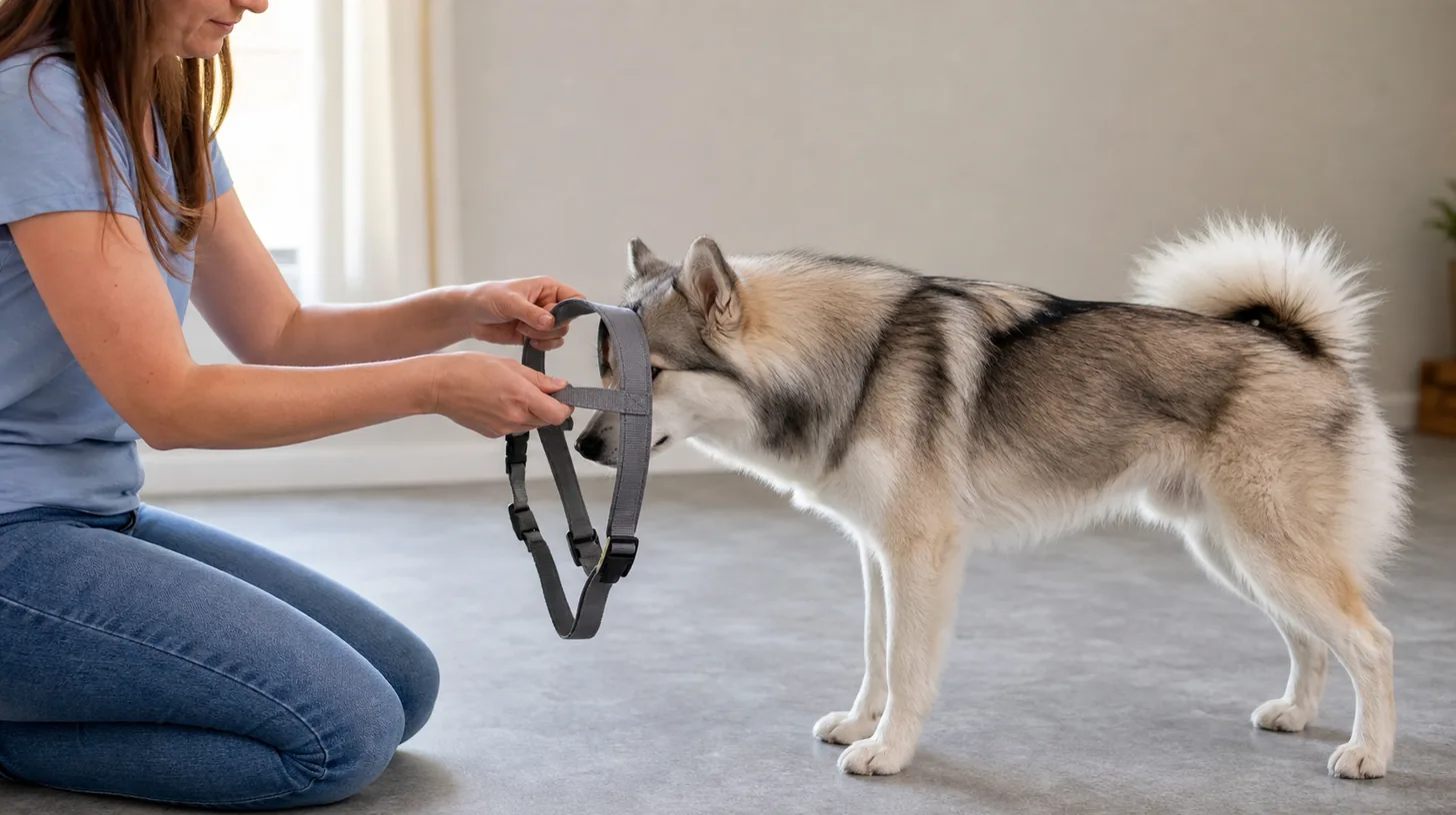 A Pomsky voluntarily places the muzzle partway through a wide overhead harness loop