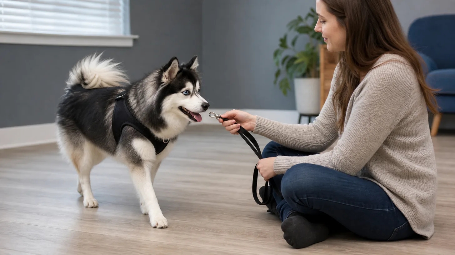 Pomsky approaches a caregiver holding an open leash clip in a closed room