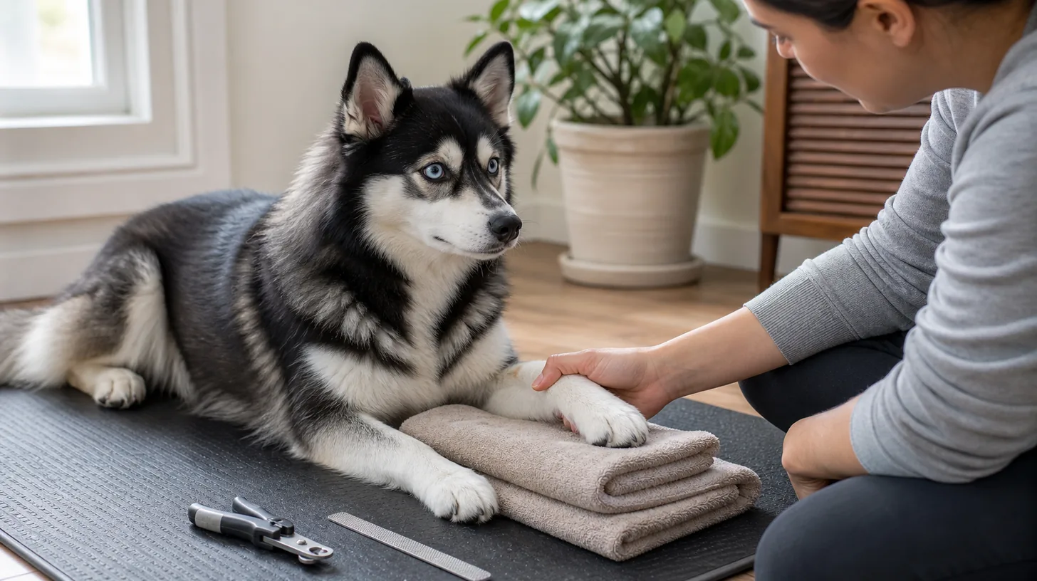 A Pomsky voluntarily rests a paw on a towel during gentle handling practice