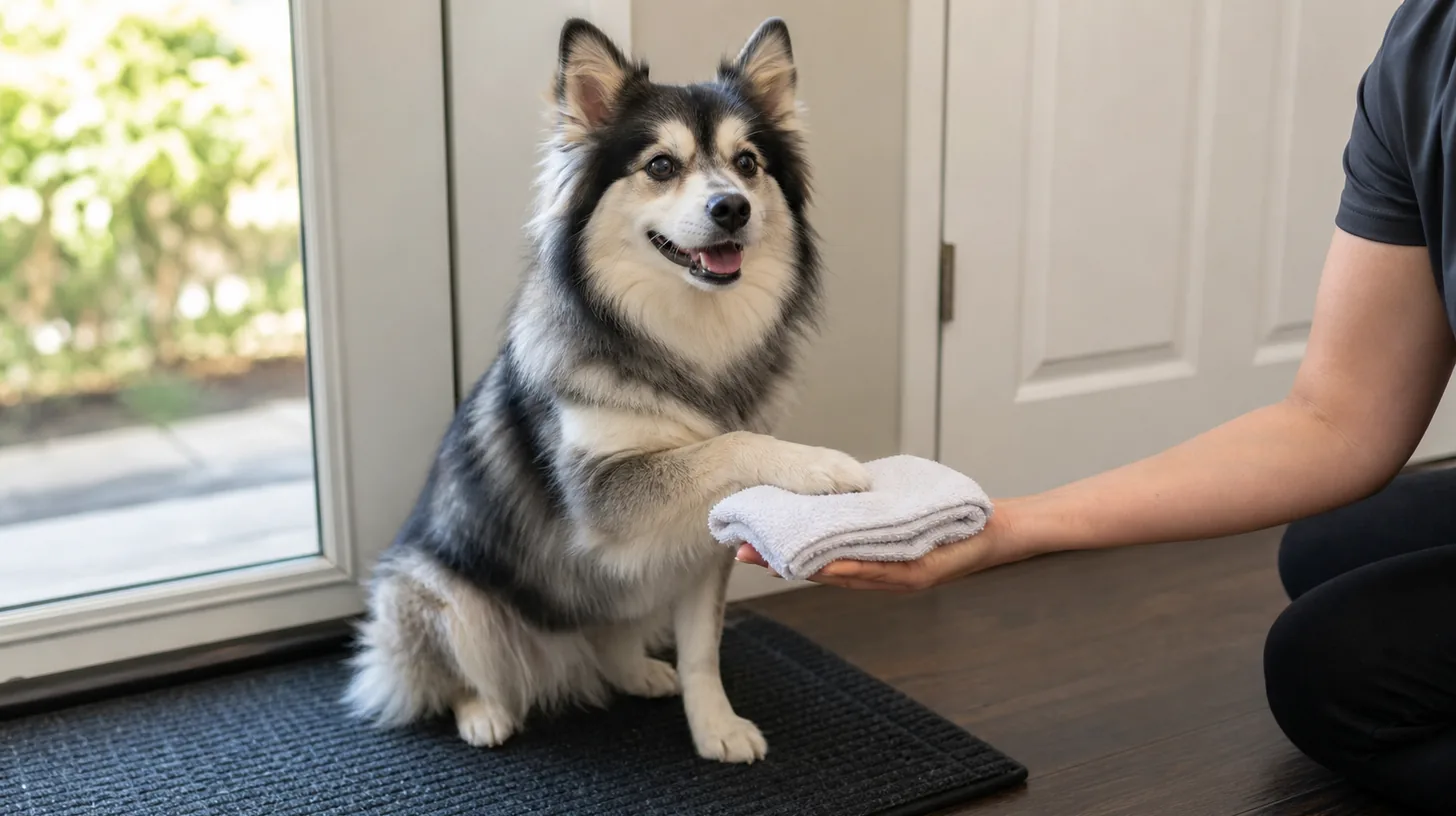 Pomsky voluntarily rests one front paw on a soft towel supported by an open hand