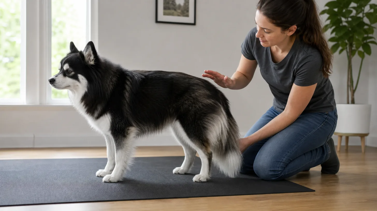Relaxed Pomsky standing side-on while a caregiver briefly observes the tail base