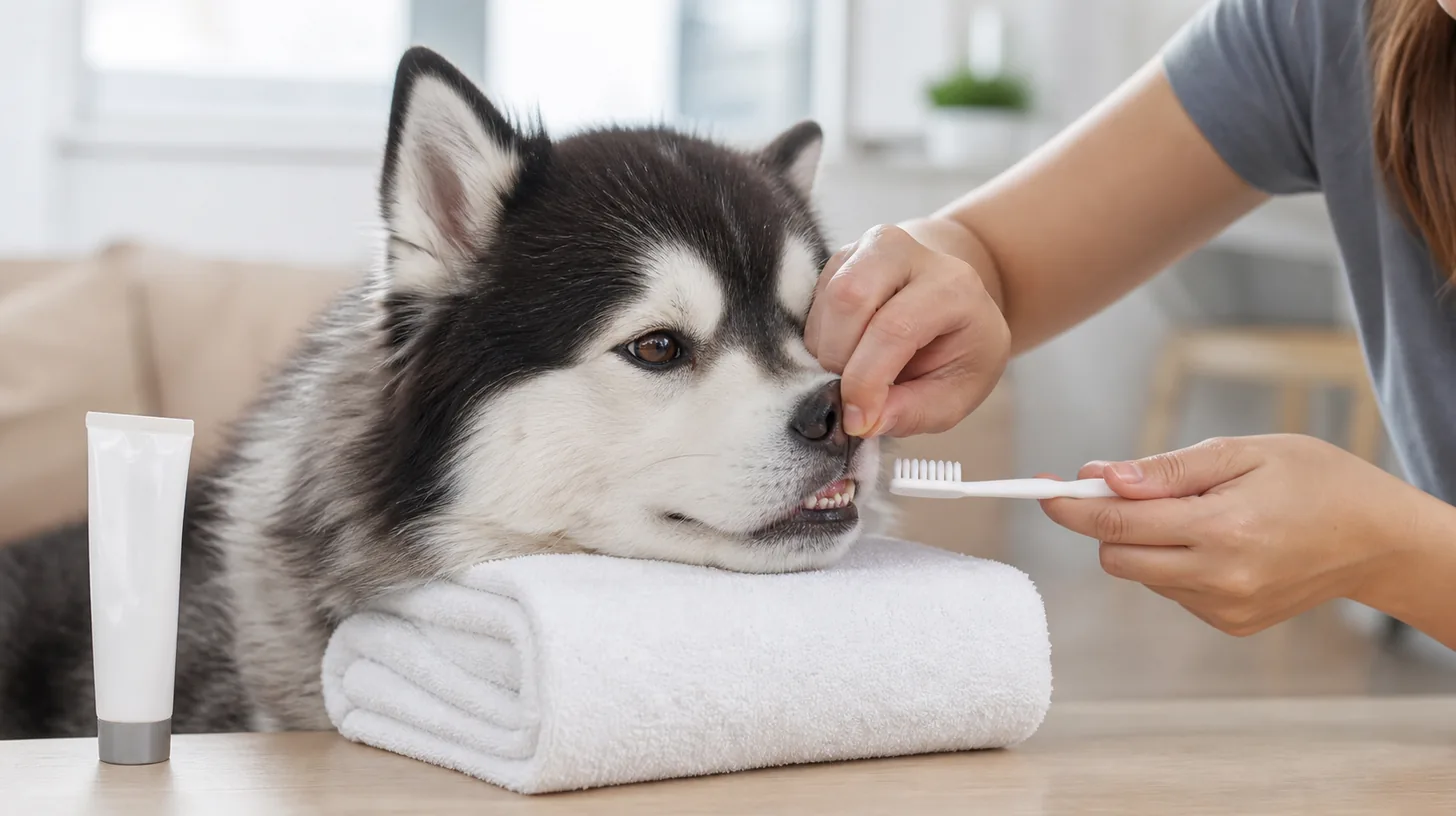 A relaxed Pomsky accepts a dog toothbrush during cooperative tooth-brushing practice