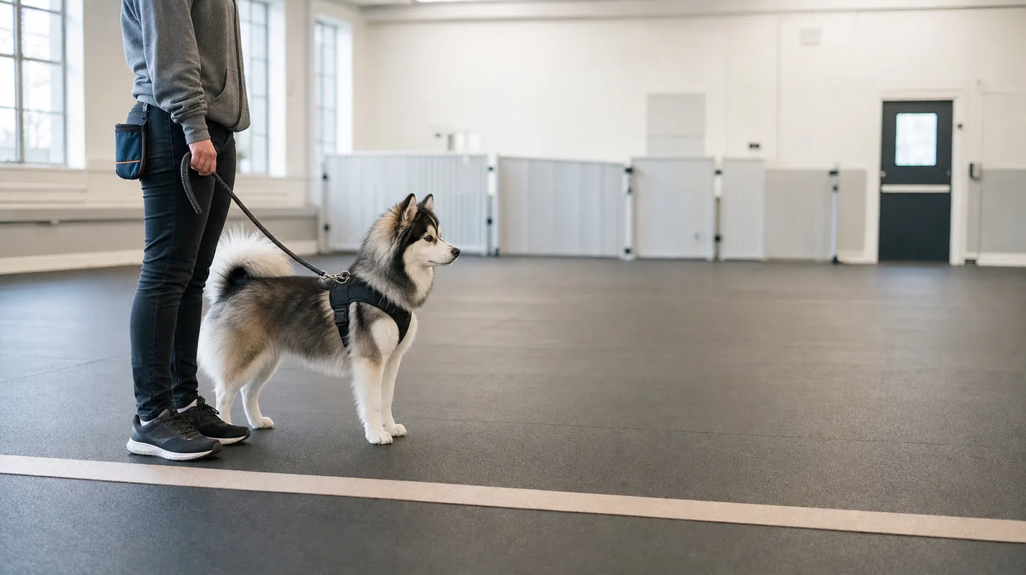 Leashed Pomsky pauses with a handler before a flat indoor simulated curb line