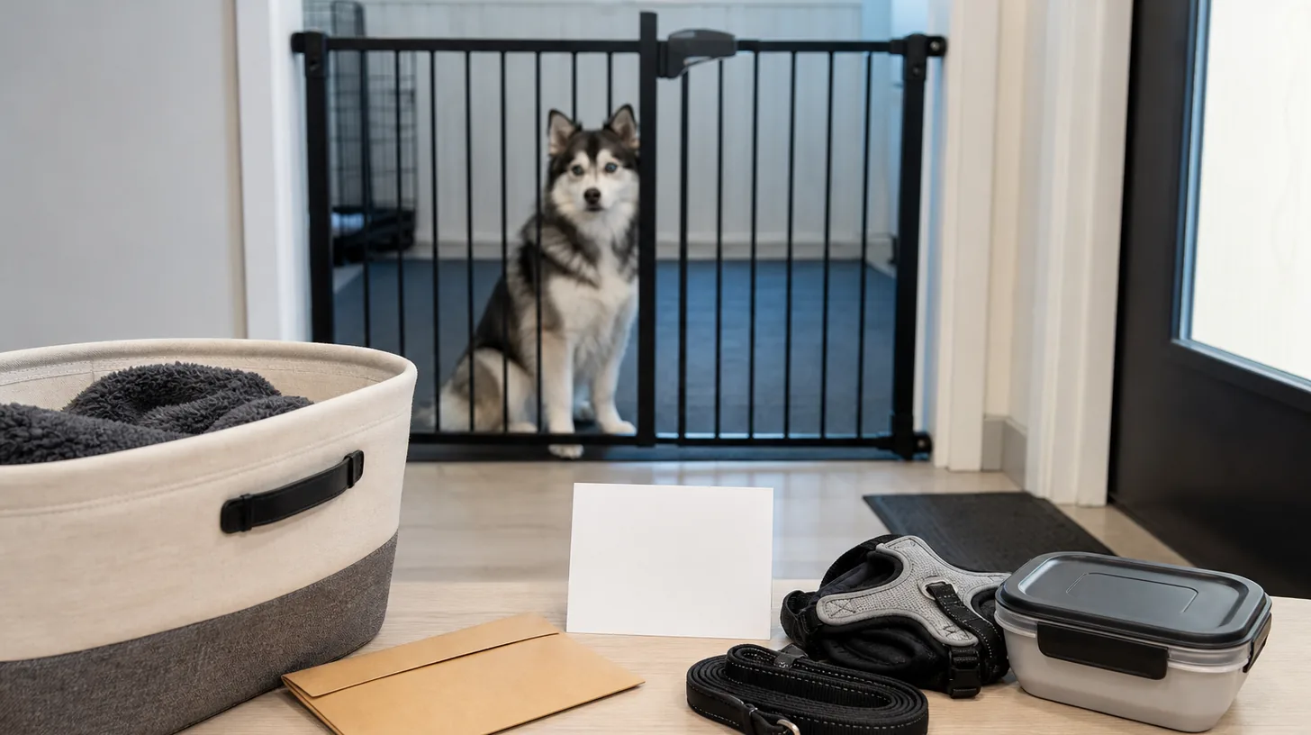 Pomsky waits behind a gate beside a blank return card belongings bin harness leash food container and sealed envelope