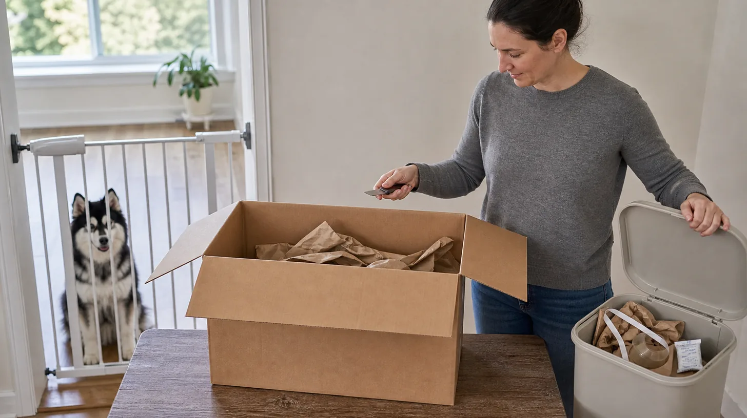 Caregiver opening a plain delivery box in a gated dog-free zone with packaging controlled