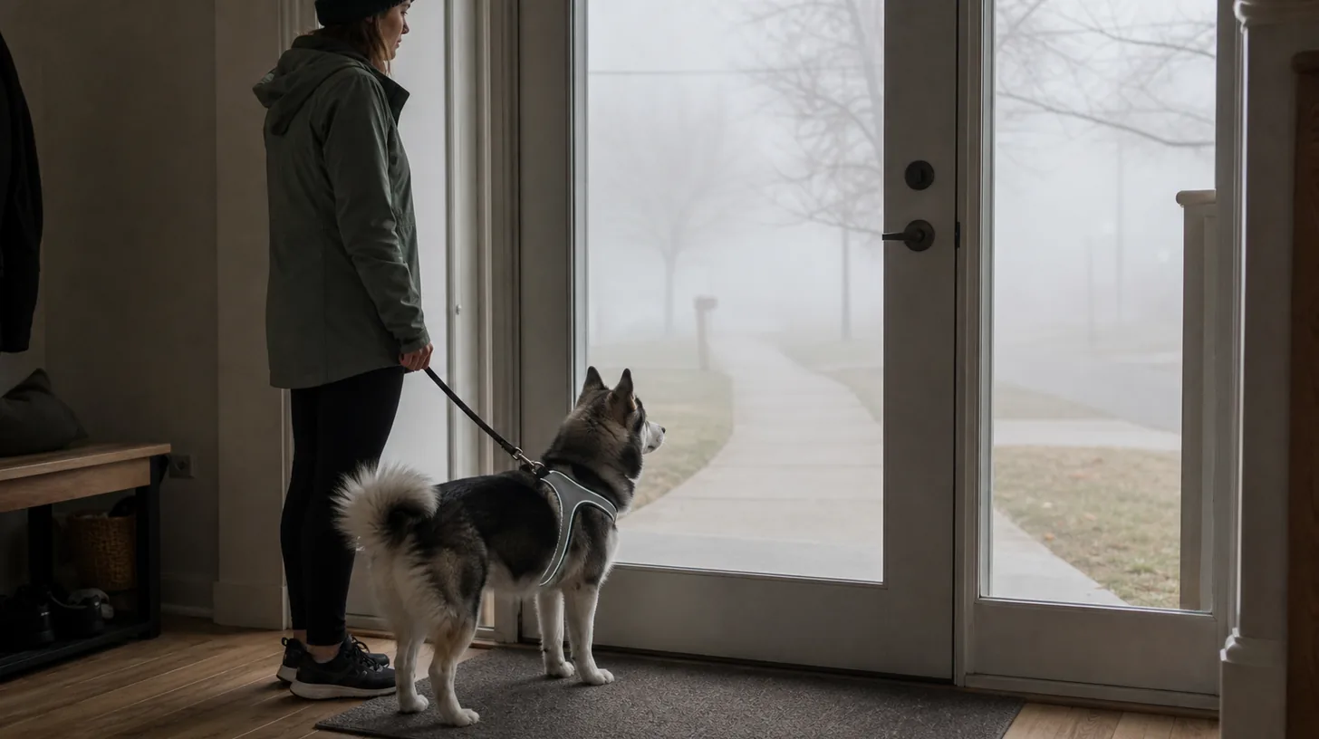 Caregiver and leashed Pomsky assess a foggy sidewalk from inside a closed entry