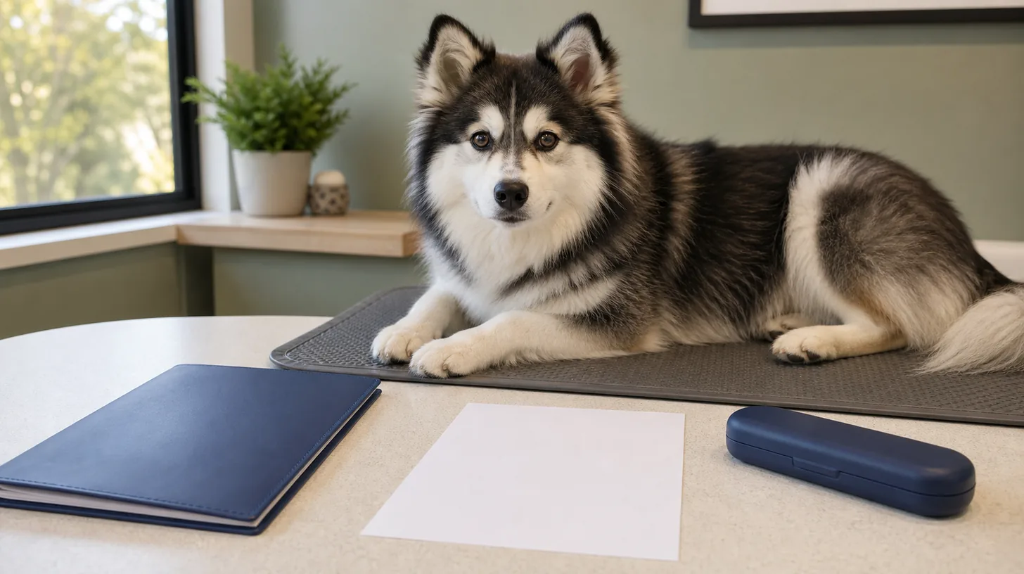 Relaxed Pomsky rests on a nonslip mat beside a plain dental consultation folder blank question sheet and closed toothbrush case