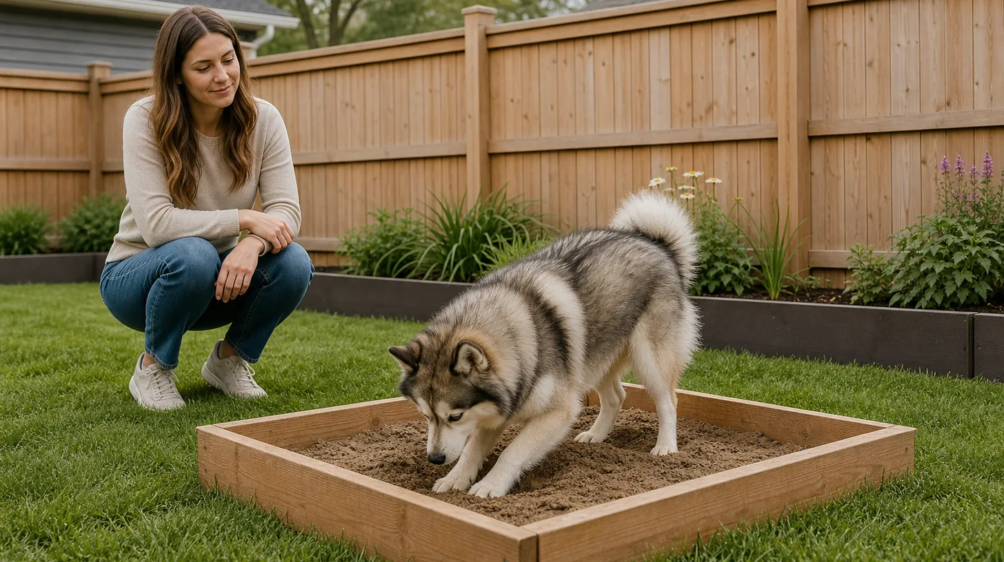 A Pomsky uses a shallow designated digging box under supervision in a secure fenced yard