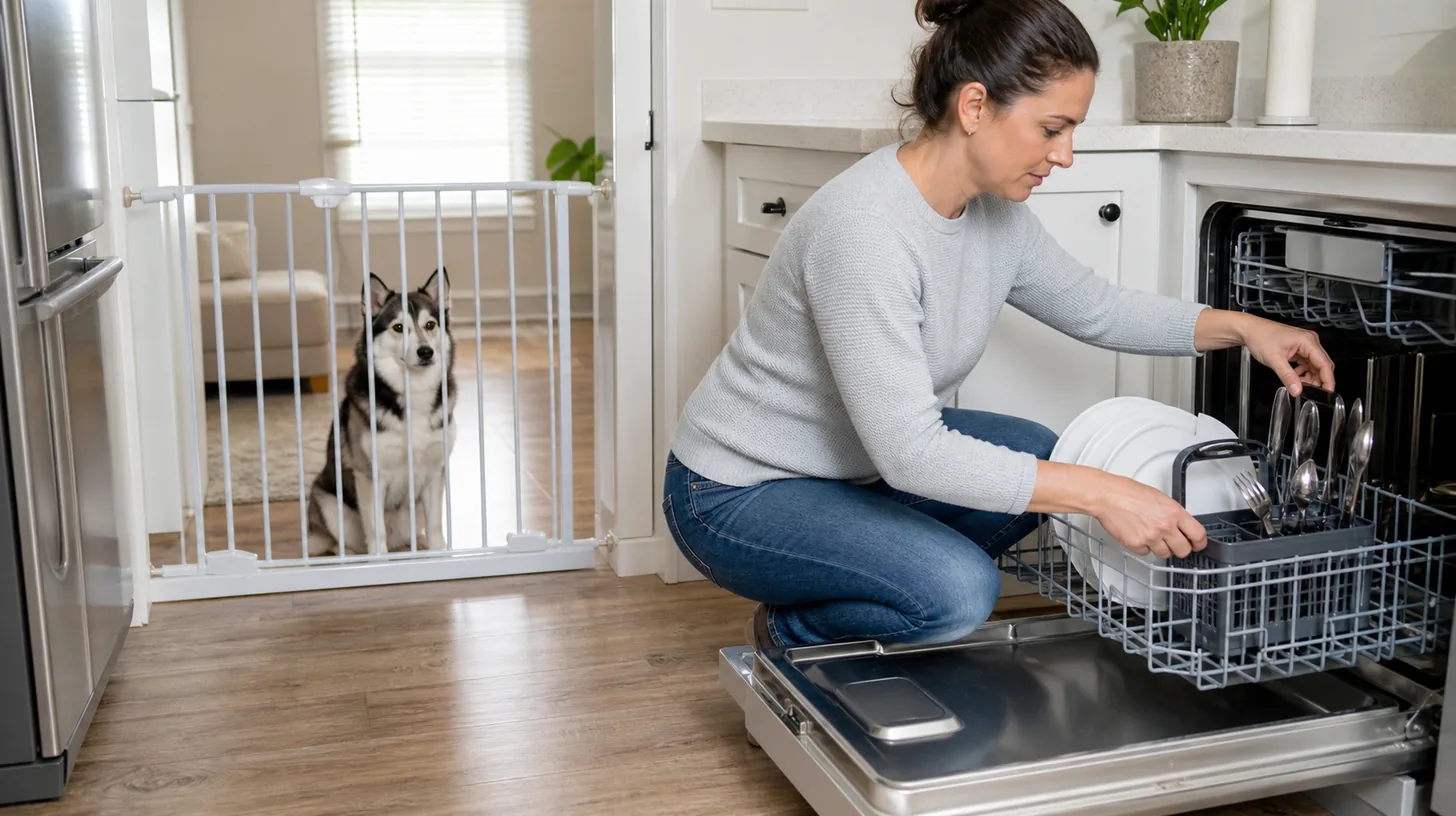 Pomsky waiting behind a secure gate while a caregiver loads a plain open dishwasher