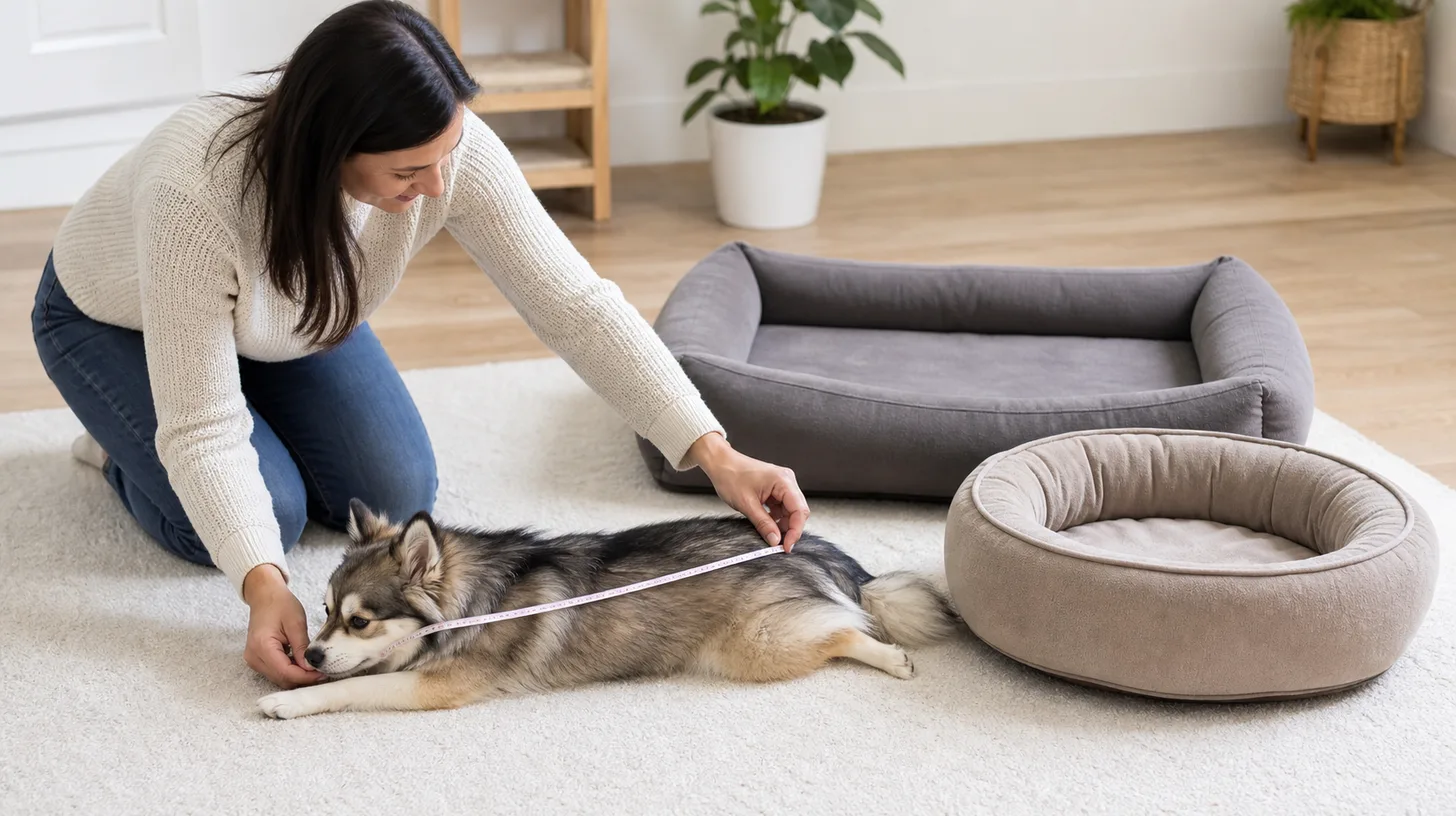 A caregiver measures a stretched-out Pomsky beside two plain dog bed shapes