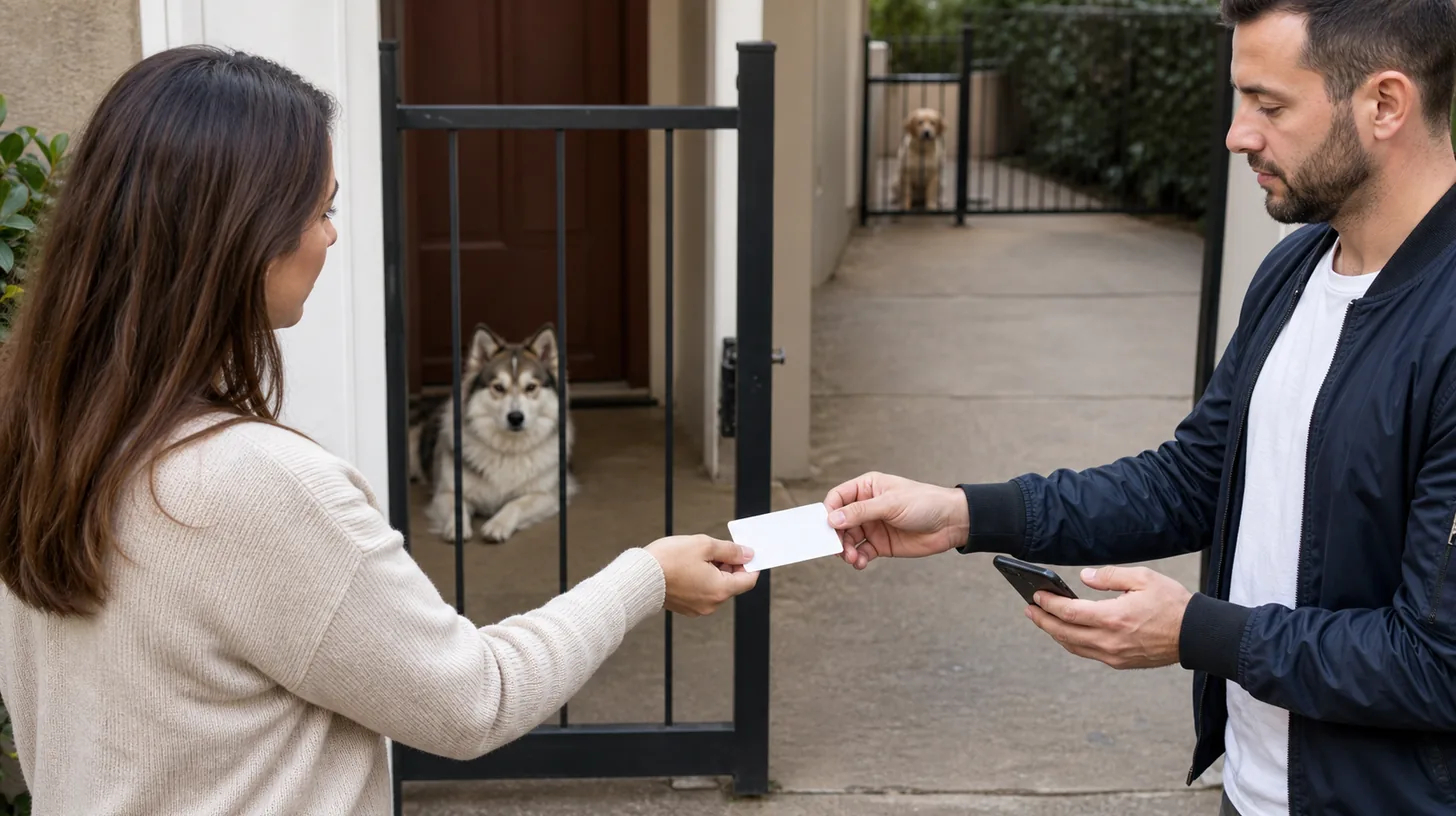 Two adults exchange a blank contact card while a Pomsky and another dog remain behind separate closed gates
