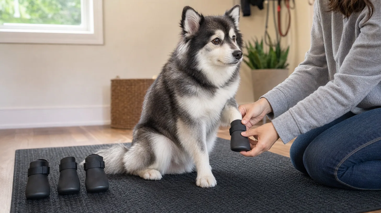 A caregiver gently fits one plain dog boot to a relaxed Pomsky on a nonslip mat