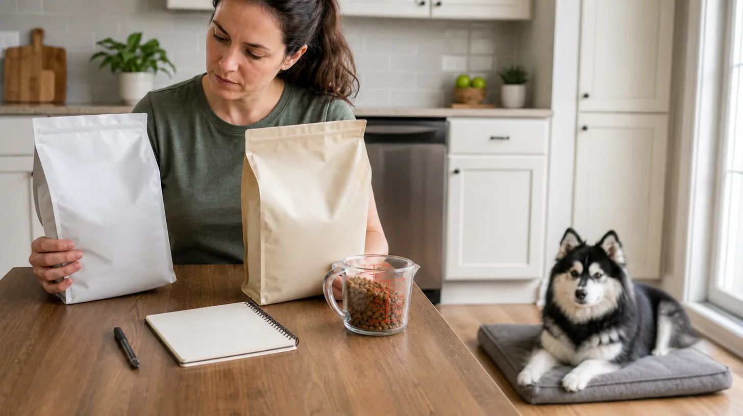 A caregiver compares two unbranded dog food packages while a Pomsky waits nearby