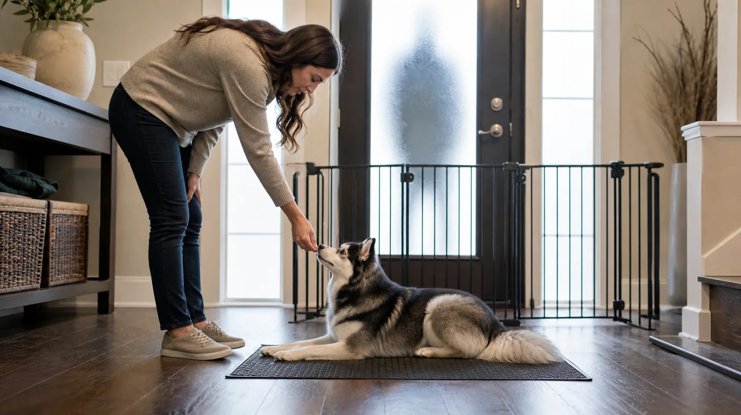 A Pomsky settles on a mat behind a gate during calm doorway training