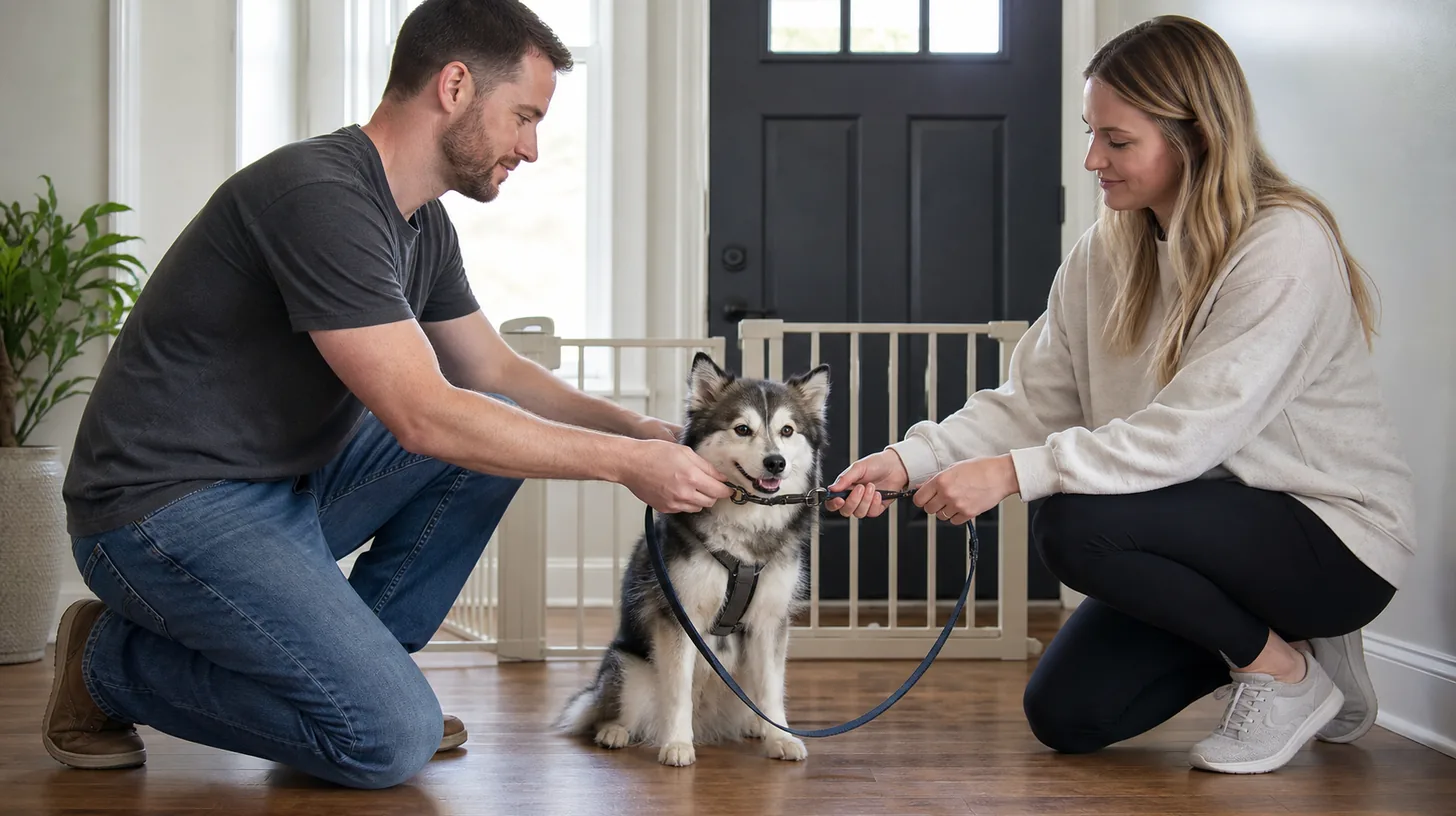 Two caregivers confirming a Pomsky leash handoff inside a closed entry