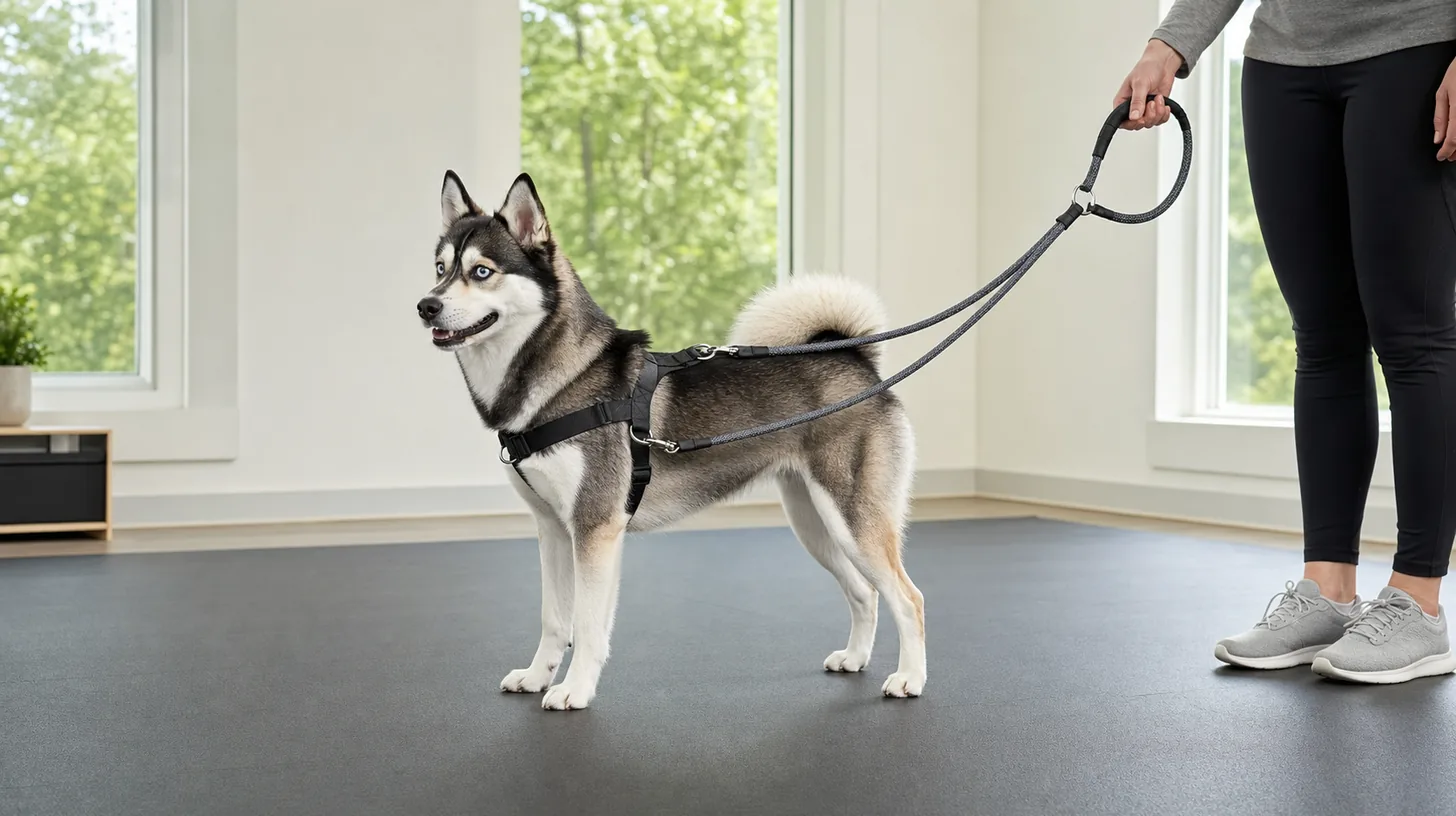 Caregiver checks two clear leash attachment paths on a Pomsky body harness
