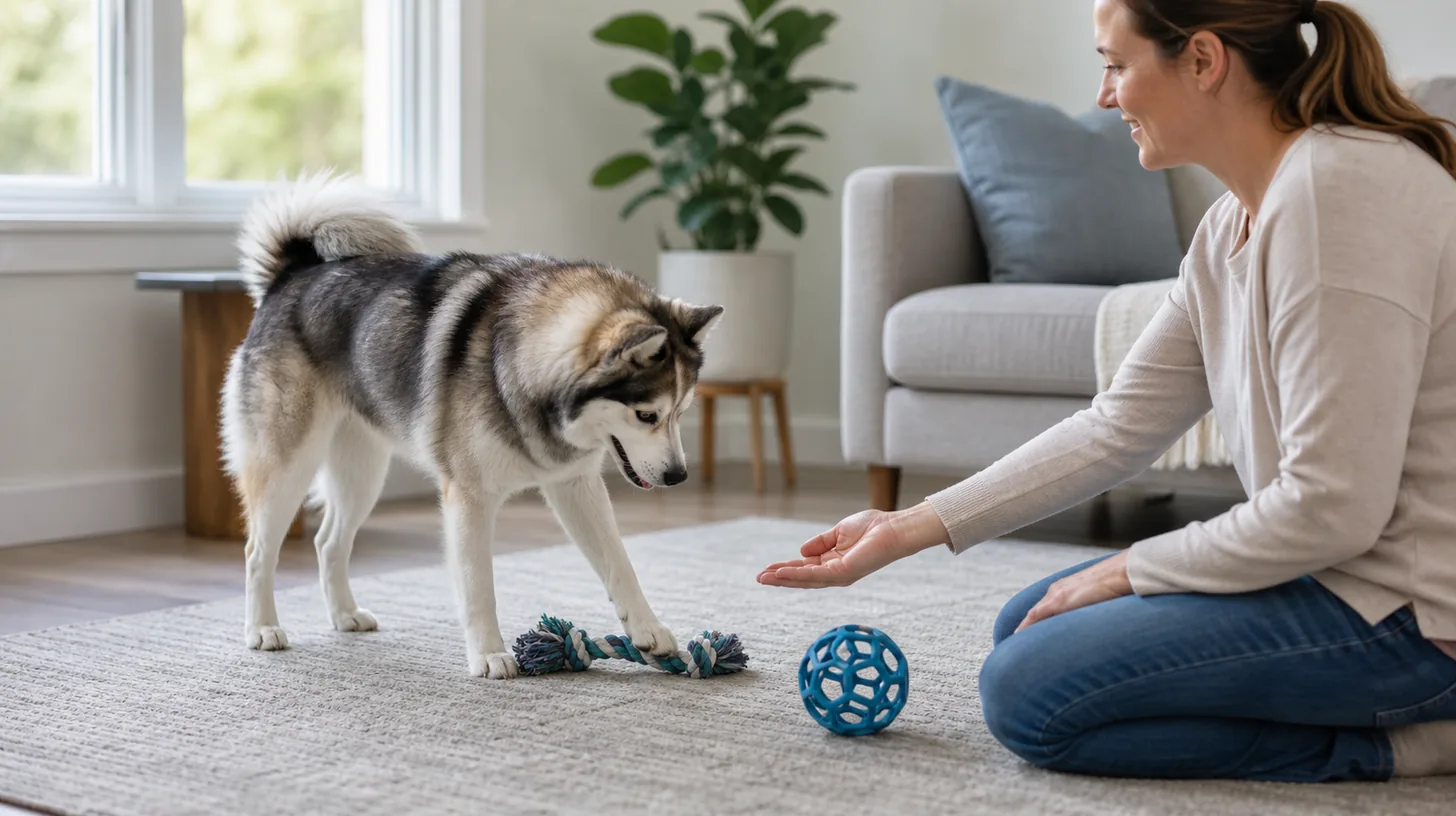 A Pomsky releases a soft toy during a calm reward-based trade with a caregiver