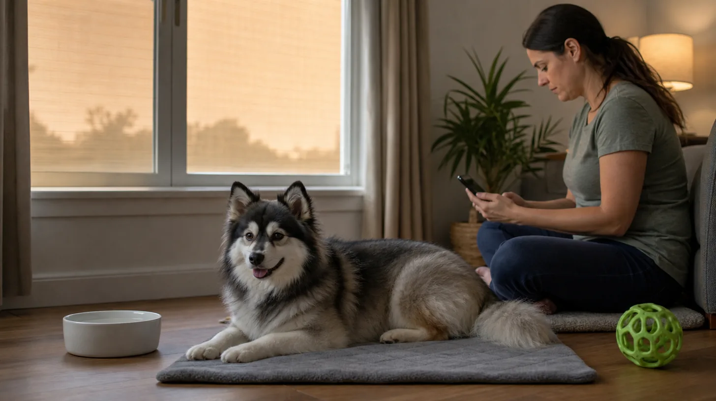 Pomsky rests away from a closed window while a caregiver checks an alert