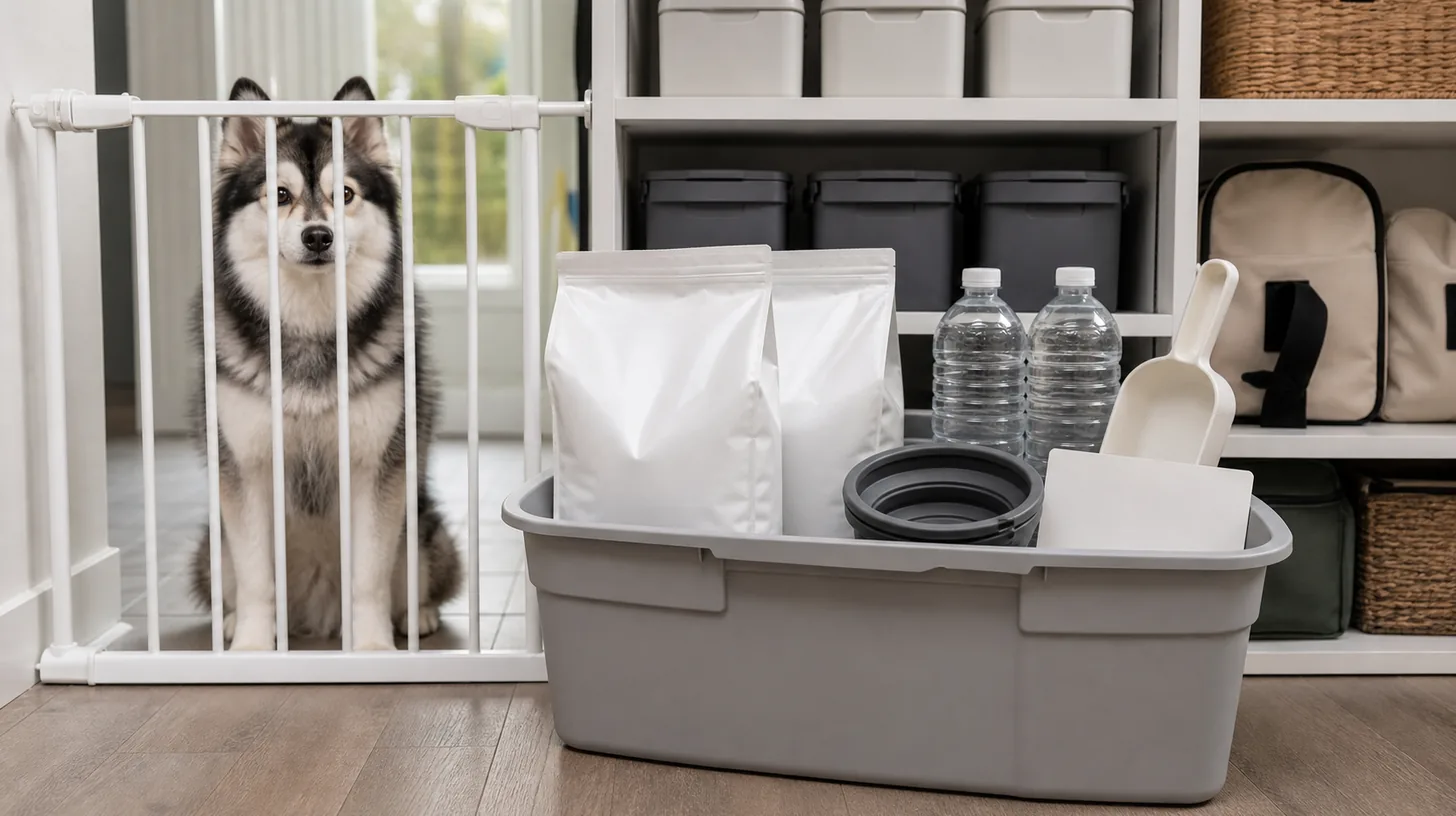 Pomsky waits behind a gate beside an emergency tote with two blank food bags water bottles scoop bowl and rotation card