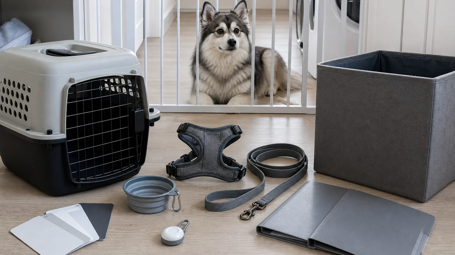 Pomsky rests behind a gate beside a carrier harness leash bowl safety light blank model cards folders and retirement bin