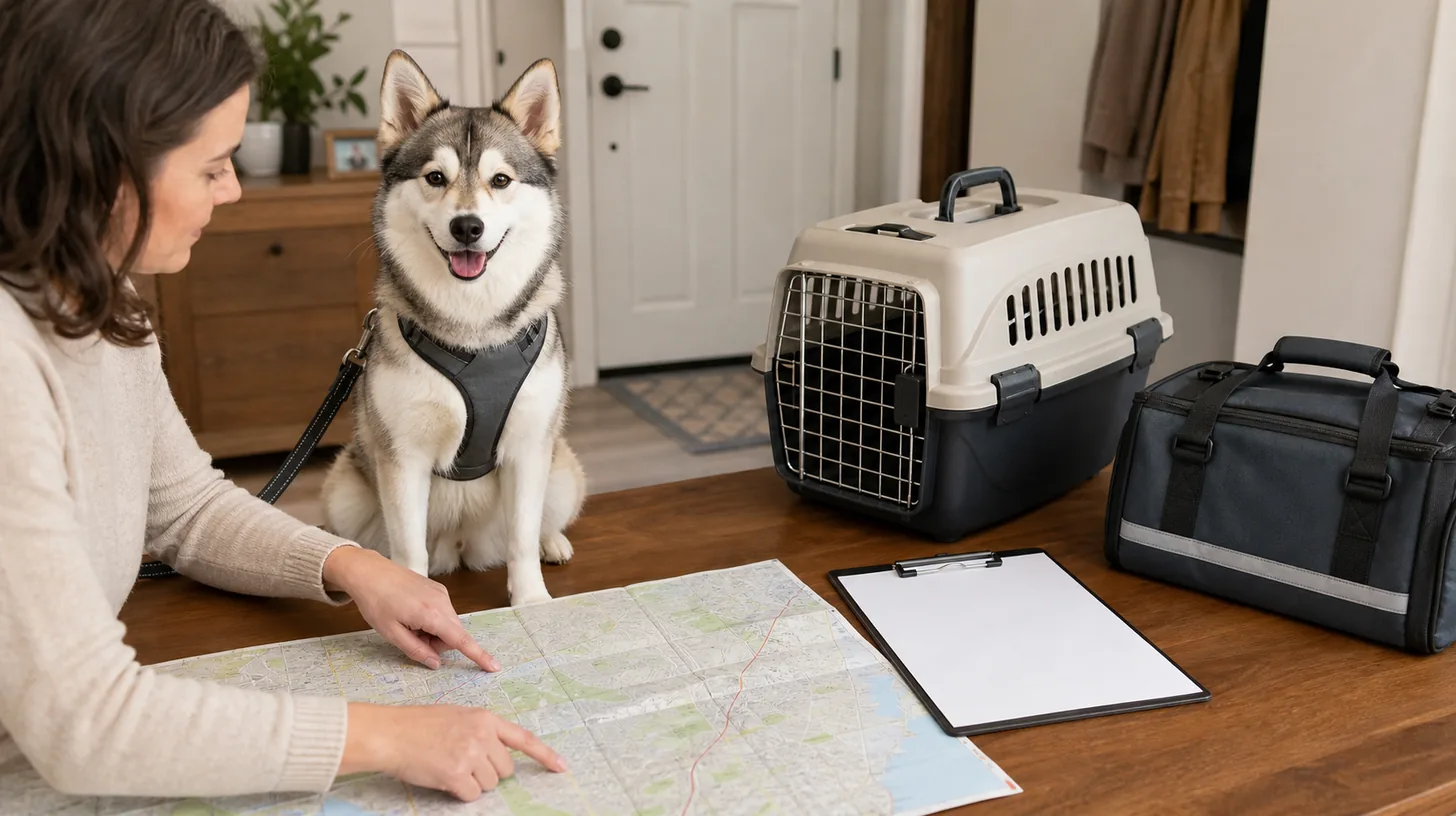 Harnessed Pomsky beside a carrier and emergency bag while a caregiver reviews route options