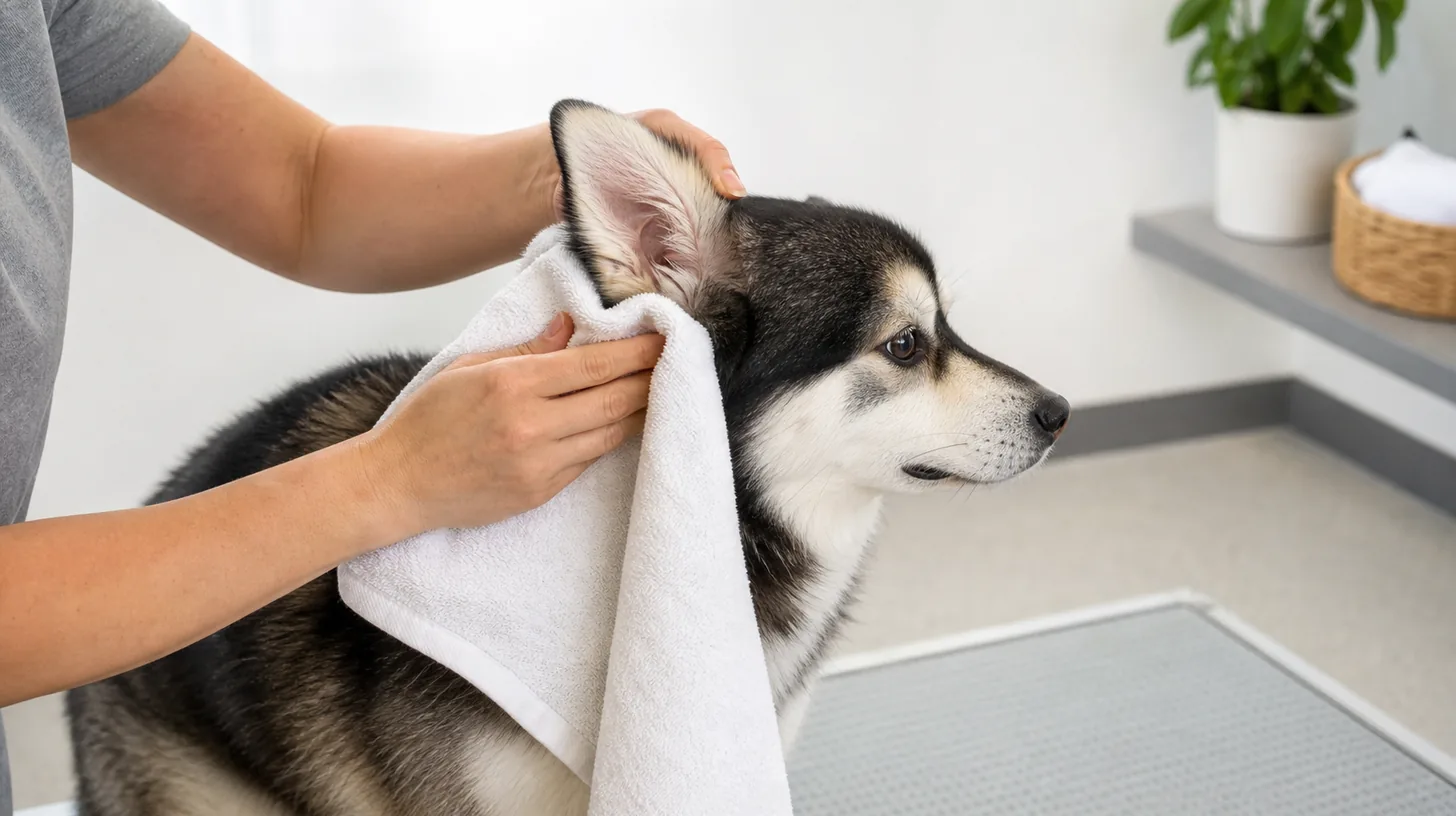 Caregiver gently blots a Pomsky's visible outer ear flap and base coat with a soft towel