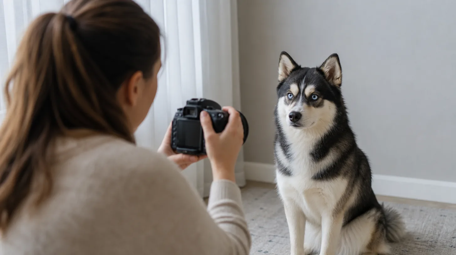Caregiver photographs a Pomsky's eyes from a respectful distance in indirect daylight