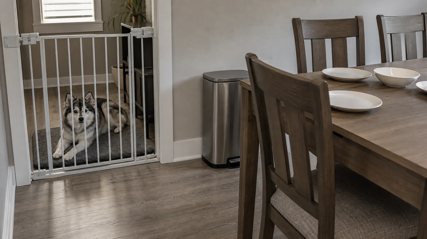 Pomsky relaxes on a mat behind a secure gate beside an empty family dining table and closed waste bin