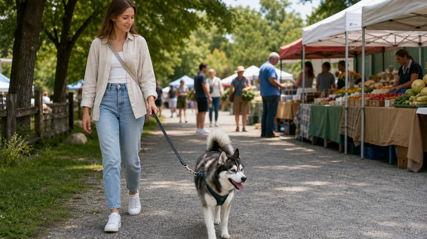 Leashed Pomsky walking with a caregiver along the quiet outer edge of an open-air farmers market