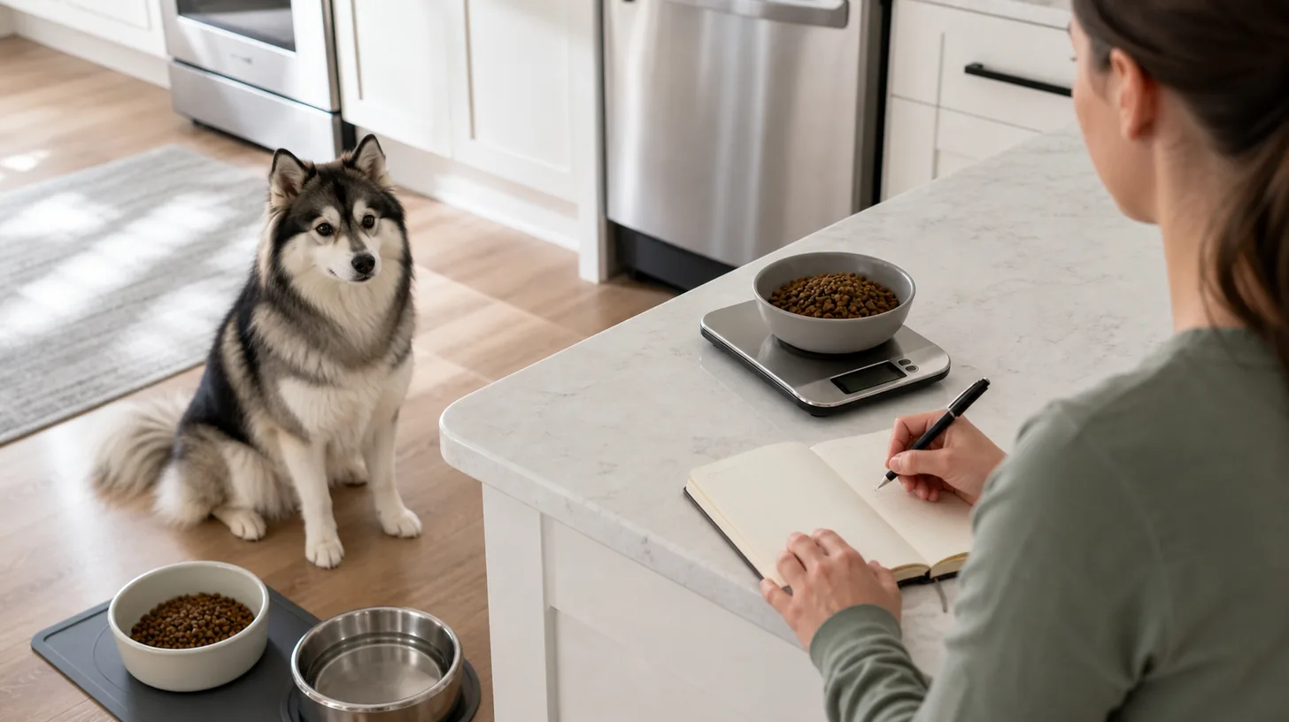 A caregiver records a measured Pomsky meal beside a clean feeding and water station