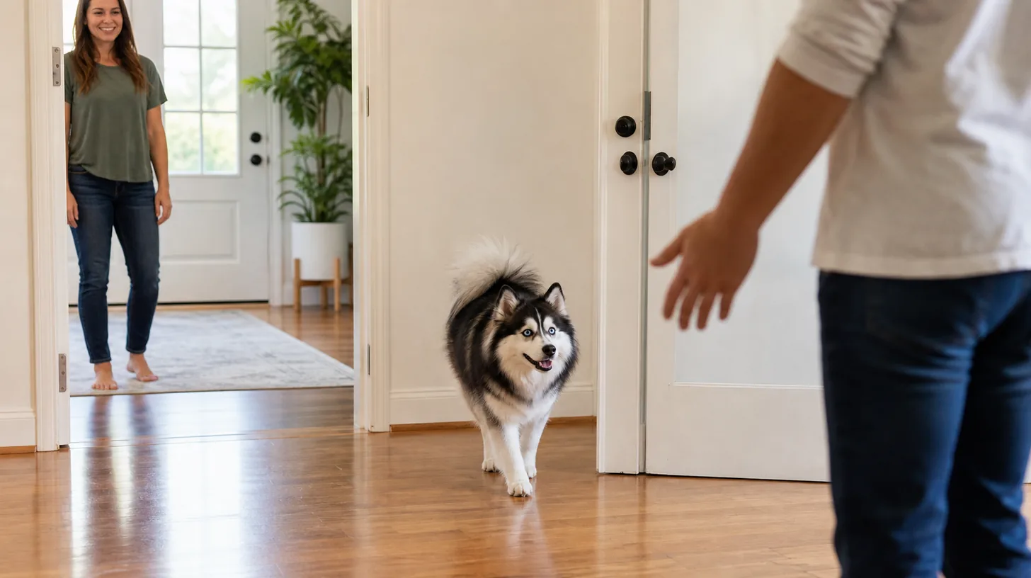 Pomsky calmly finds a familiar adult helper through an open doorway while the original handler remains visible
