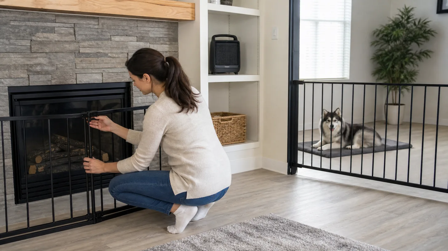 A caregiver checks a closed hearth gate while a Pomsky rests behind a second barrier
