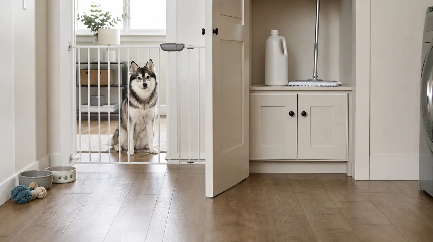Closed plain floor-cleaner container stored high while a Pomsky waits behind a gate for a dry floor