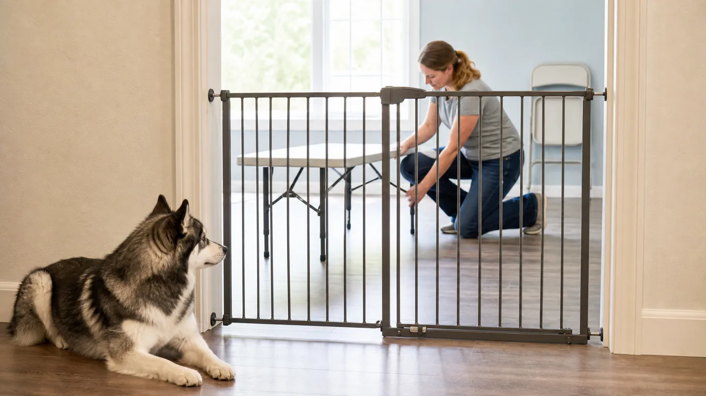 Caregiver locks a folding table while a Pomsky waits outside the gated work room