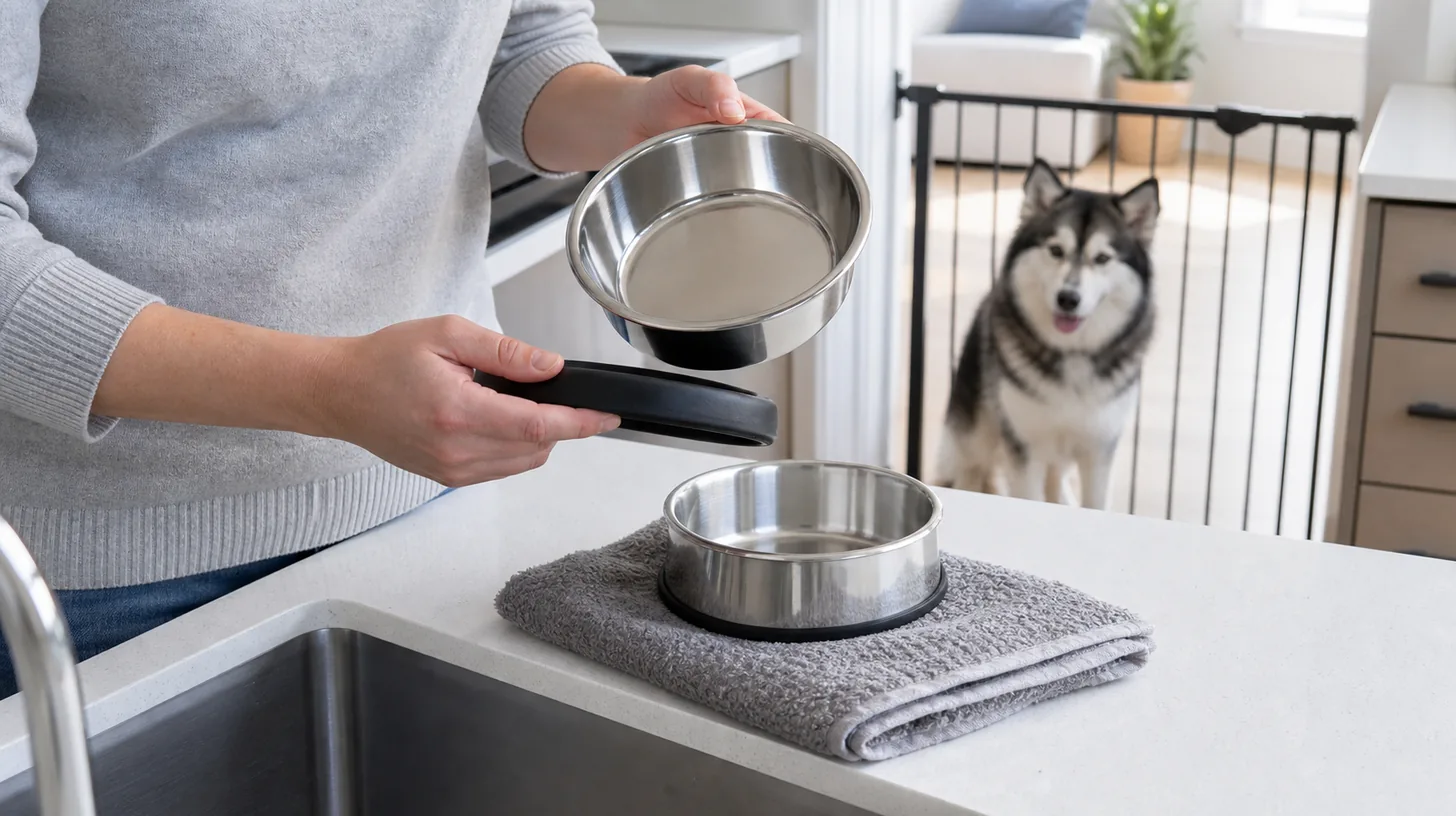 Caregiver inspecting a clean dry Pomsky food bowl at a sink