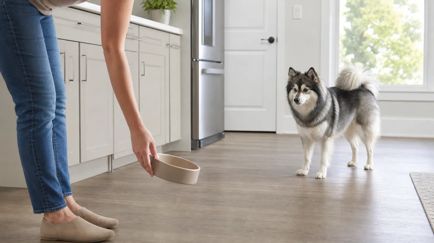 A Pomsky waits at a comfortable distance while a caregiver sets down a food bowl