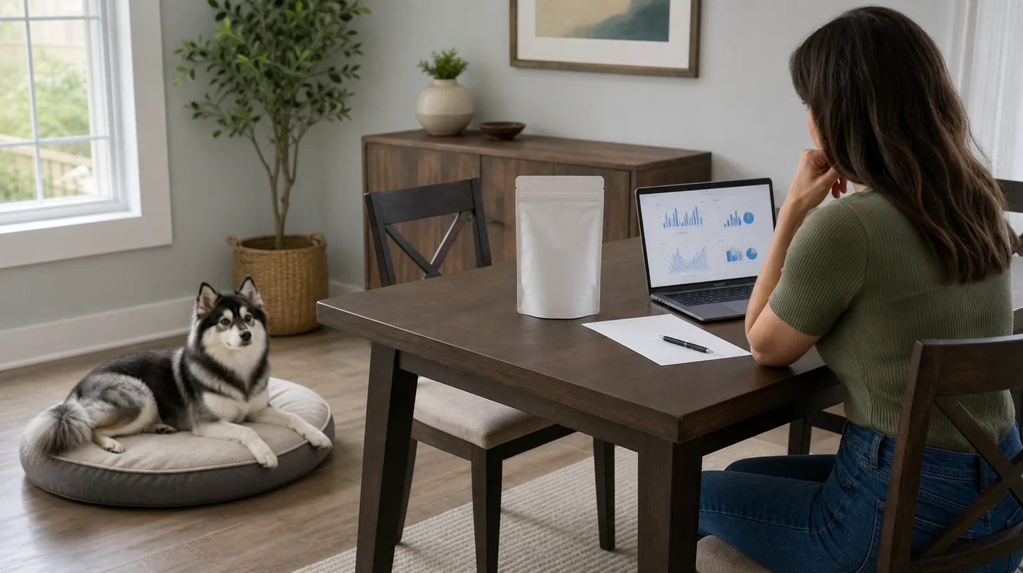 A caregiver reviews a blank dog food package and quality information while a Pomsky rests away from the table