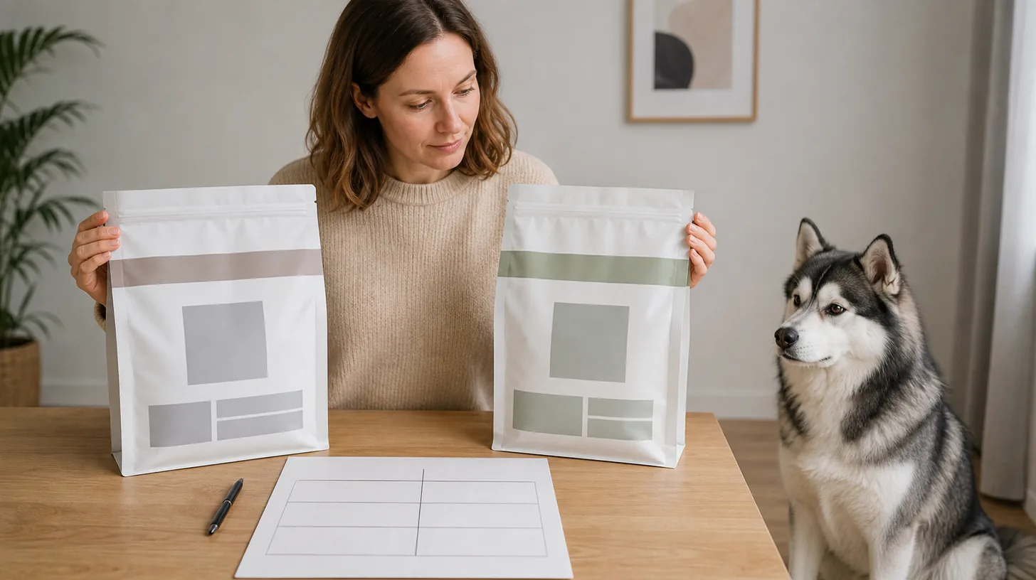 Caregiver compares two unbranded old and new dog-food packages beside a calm Pomsky