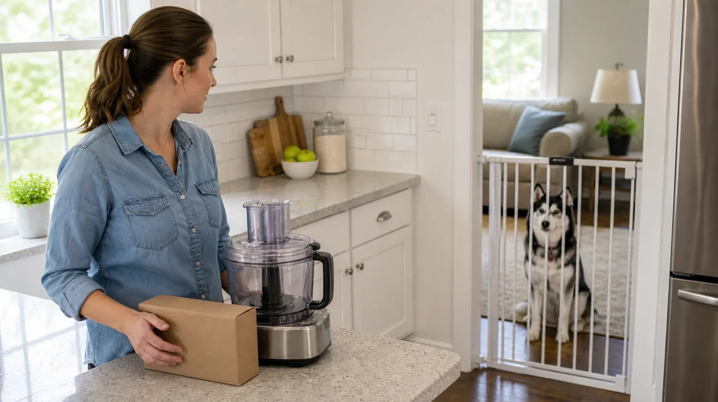 Caregiver stands beside a closed food processor while a Pomsky waits behind a gate
