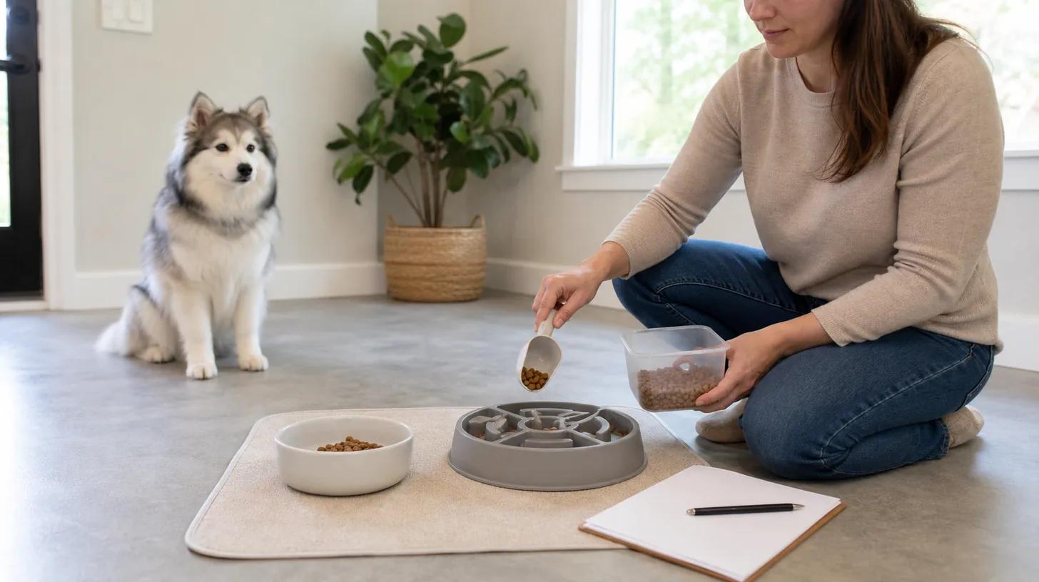 Caregiver divides one measured meal between a plain bowl and food puzzle while a Pomsky waits calmly
