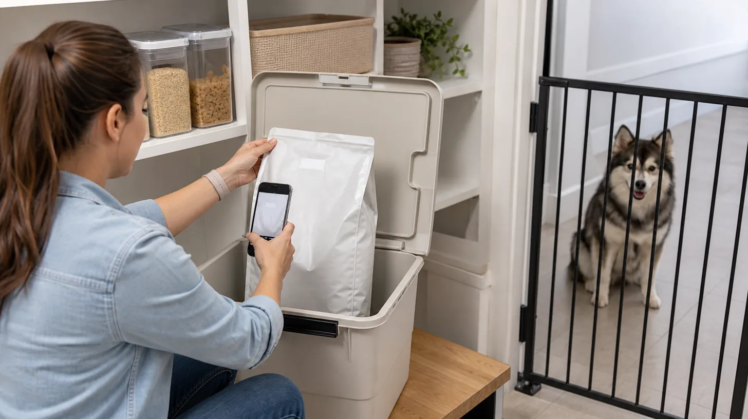 A caregiver photographs a blank code area on an original dog food bag before placing it in a clean storage bin