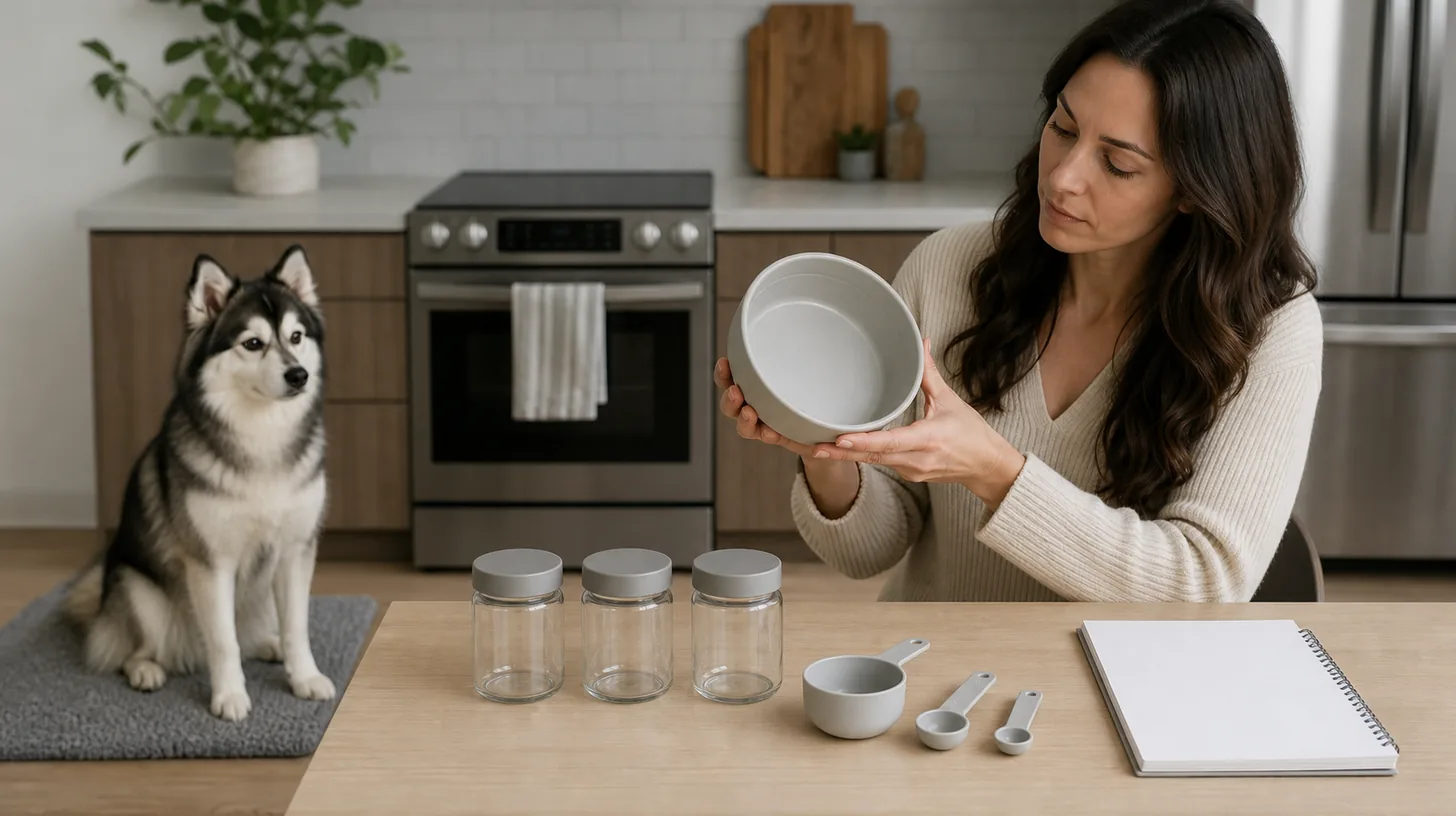 Caregiver reviews an empty bowl three blank add-in jars measuring tools and an intake log beside a Pomsky