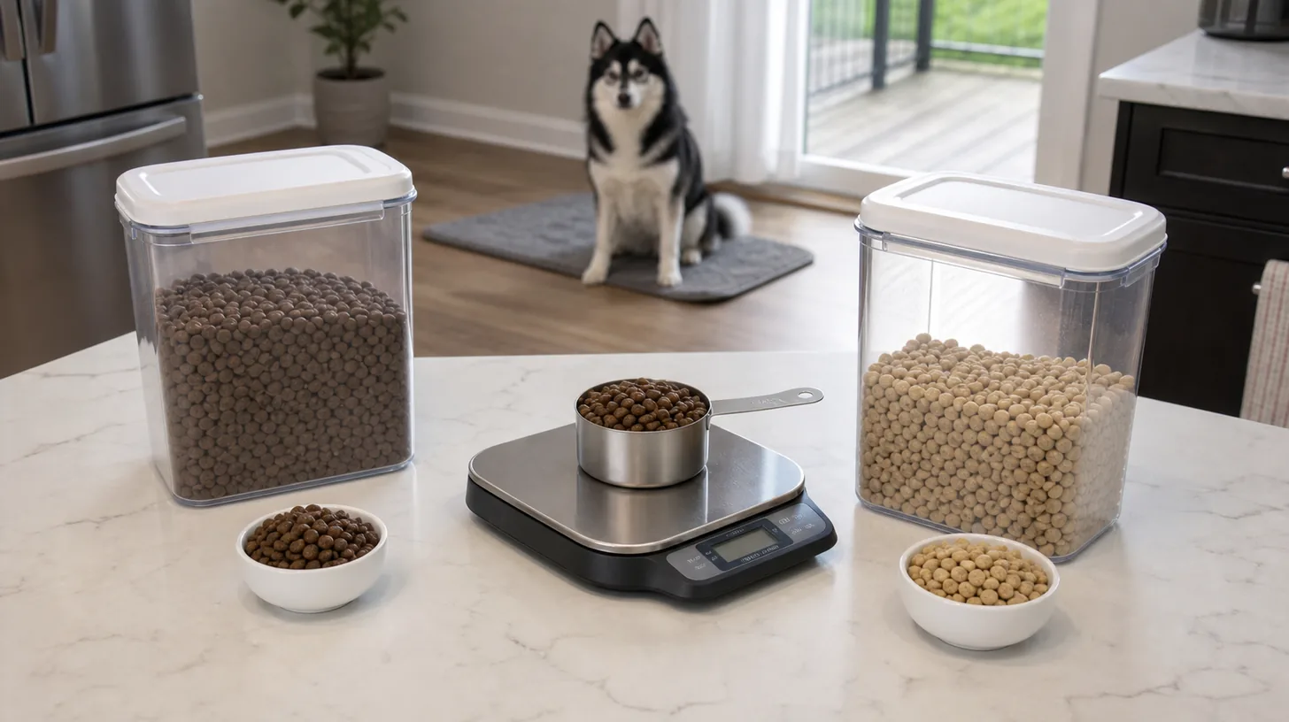 Two dog foods are measured separately on a kitchen scale while a Pomsky waits
